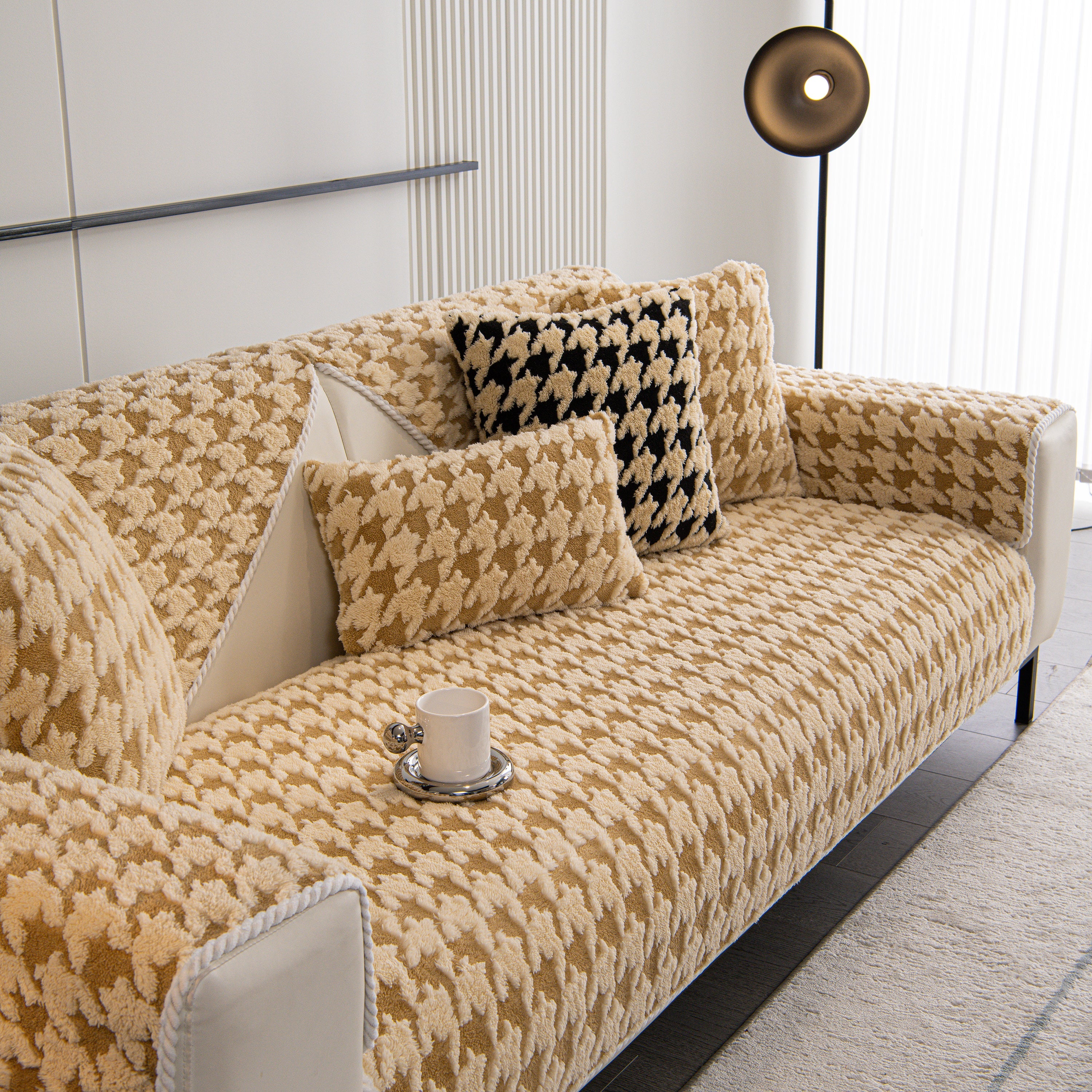 Winter Thickened Sherpa Fleece Houndstooth Sofa Cushion, Non-slip Sofa Cover With Plush