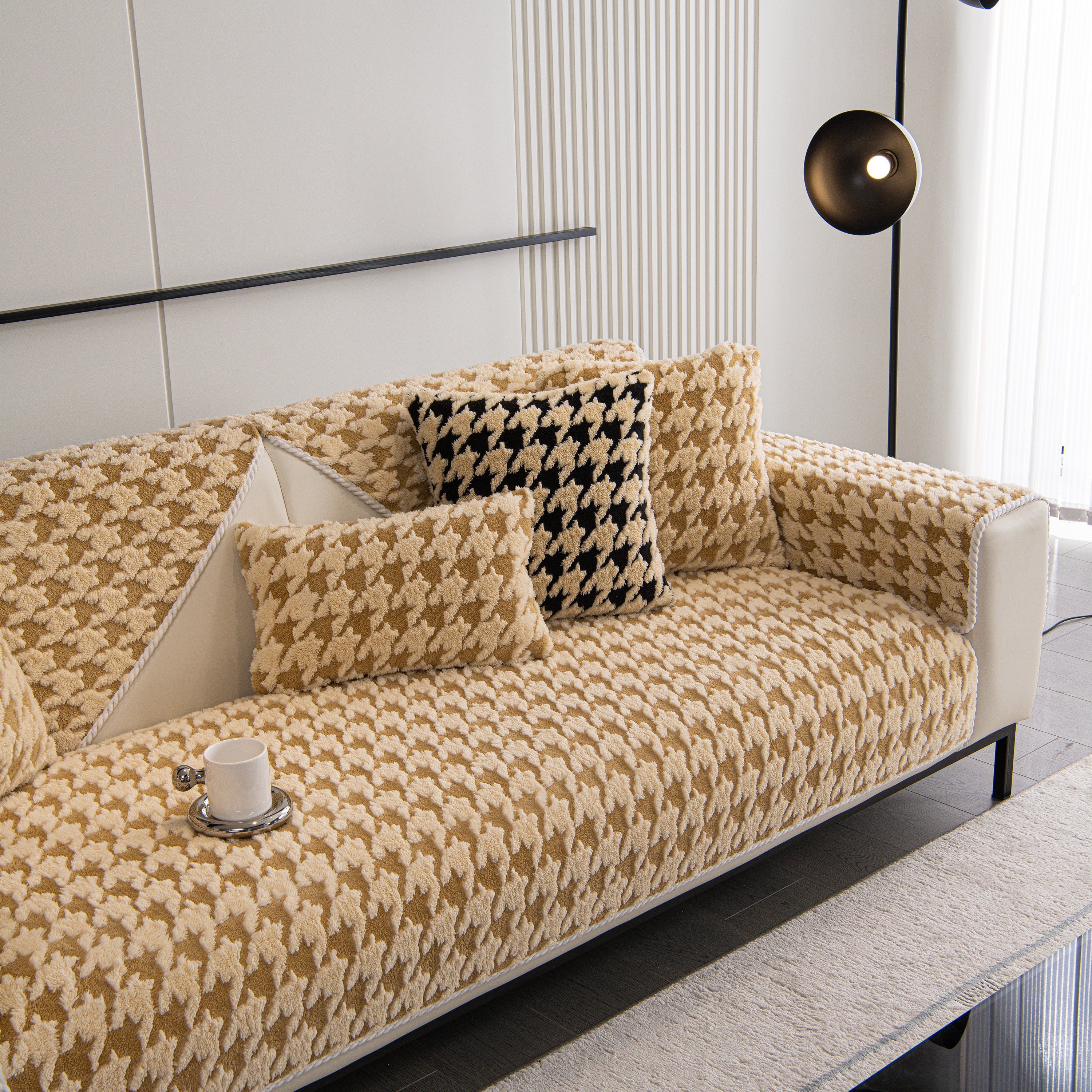 Winter Thickened Sherpa Fleece Houndstooth Sofa Cushion, Non-slip Sofa Cover With Plush
