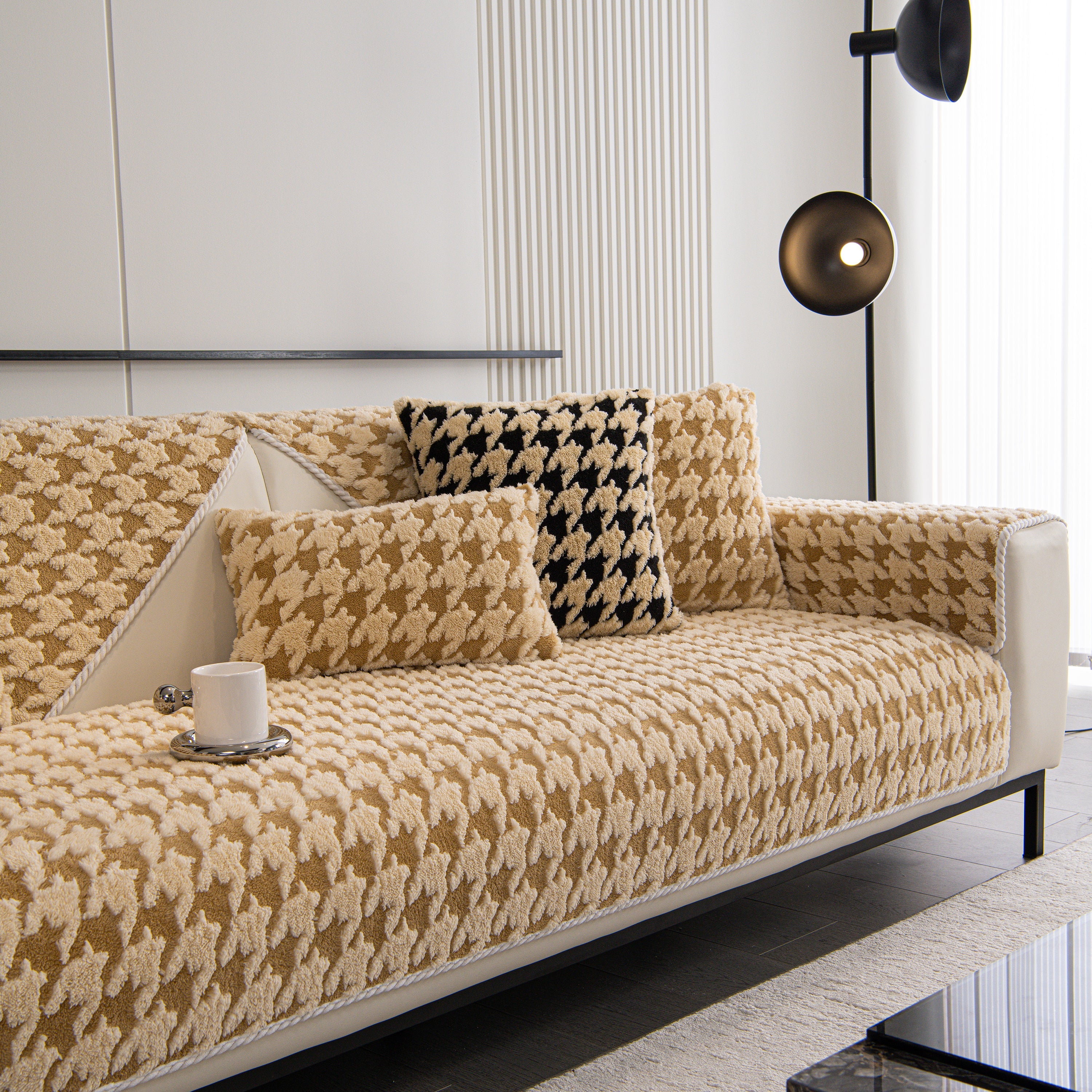Winter Thickened Sherpa Fleece Houndstooth Sofa Cushion, Non-slip Sofa Cover With Plush