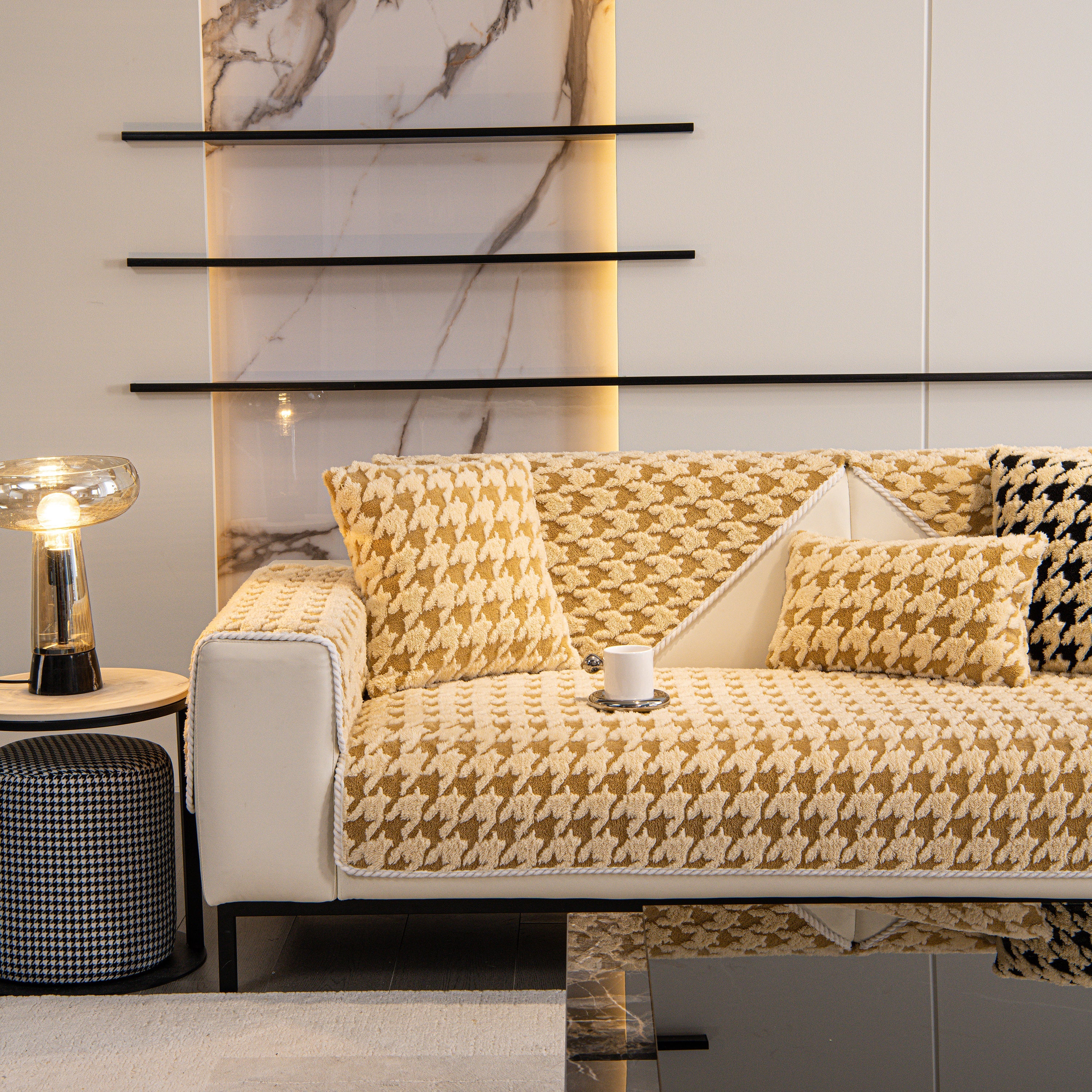 Winter Thickened Sherpa Fleece Houndstooth Sofa Cushion, Non-slip Sofa Cover With Plush