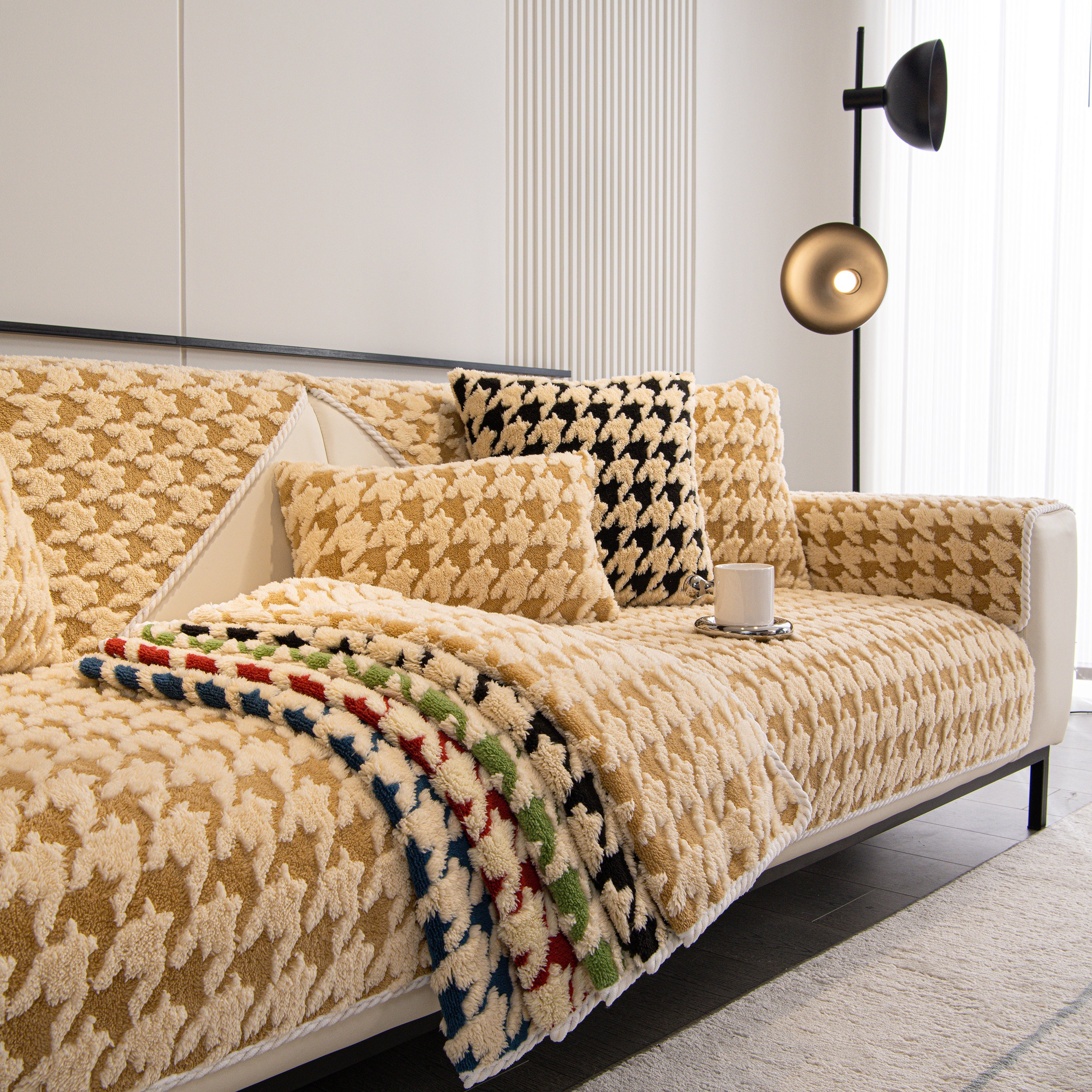 Winter Thickened Sherpa Fleece Houndstooth Sofa Cushion, Non-slip Sofa Cover With Plush