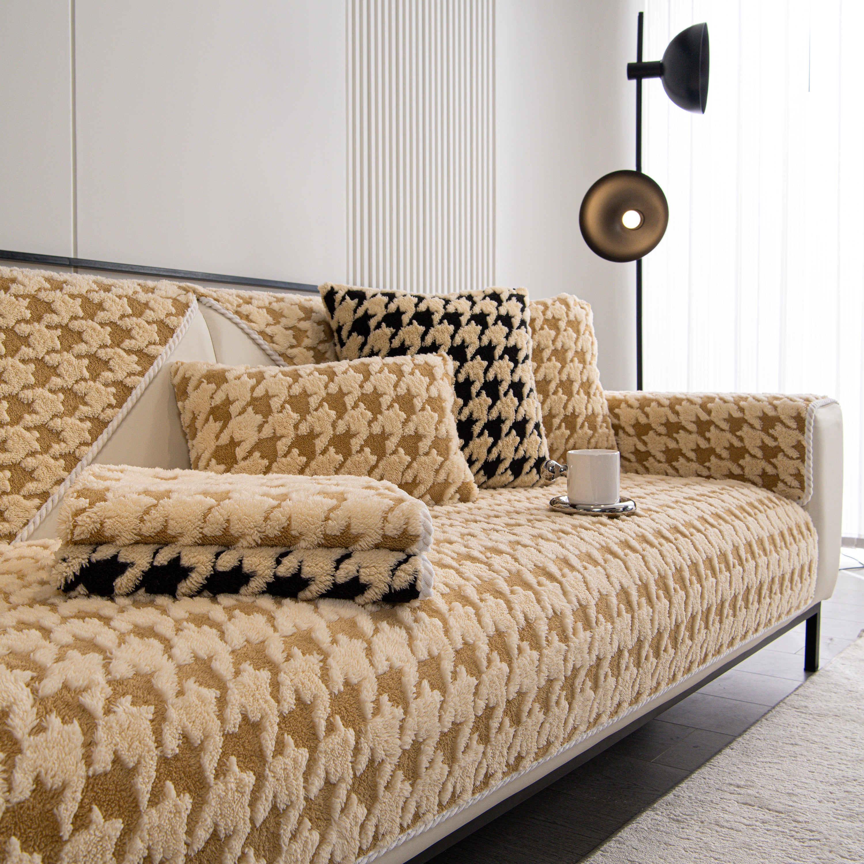 Winter Thickened Sherpa Fleece Houndstooth Sofa Cushion, Non-slip Sofa Cover With Plush