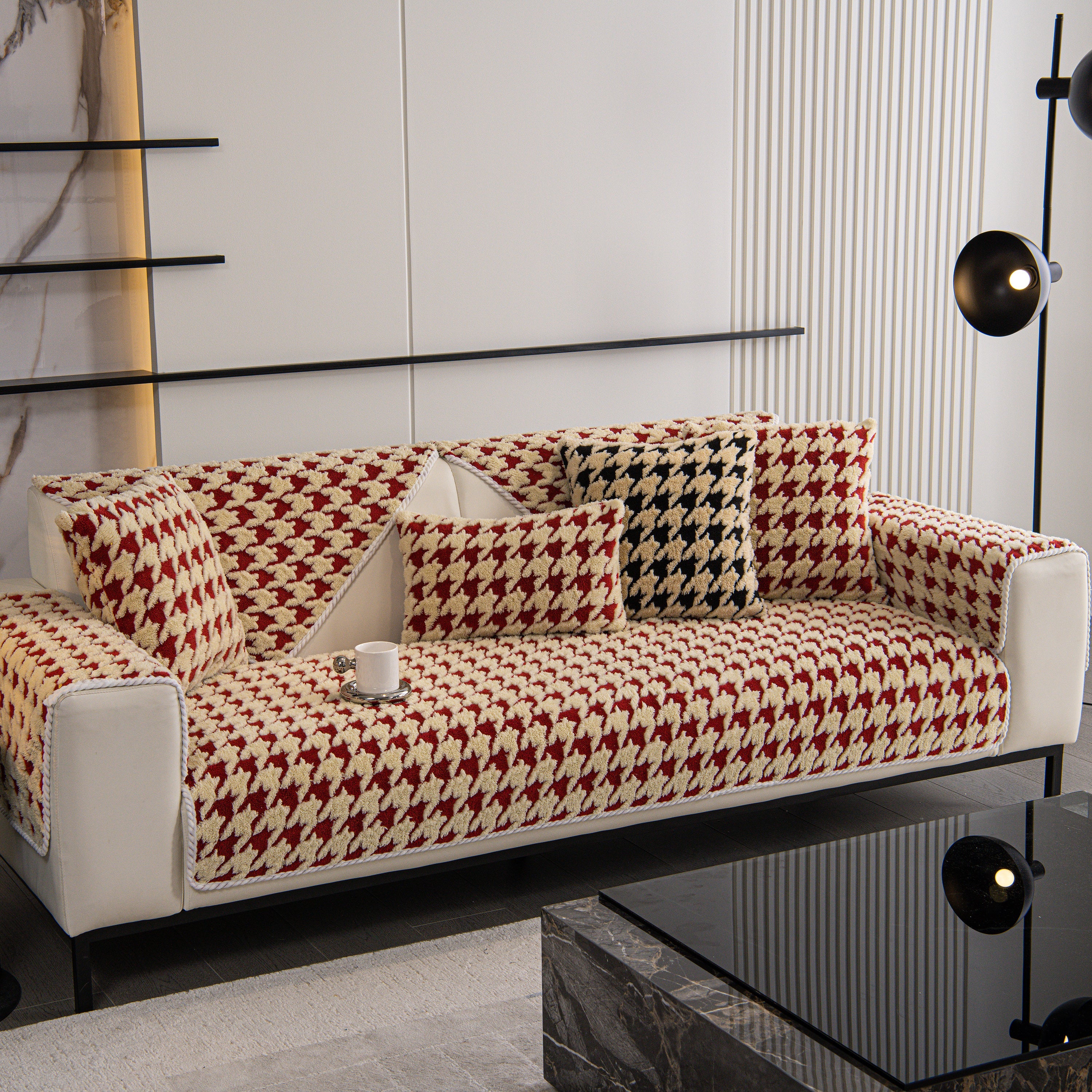 Winter Thickened Sherpa Fleece Houndstooth Sofa Cushion, Non-slip Sofa Cover With Plush
