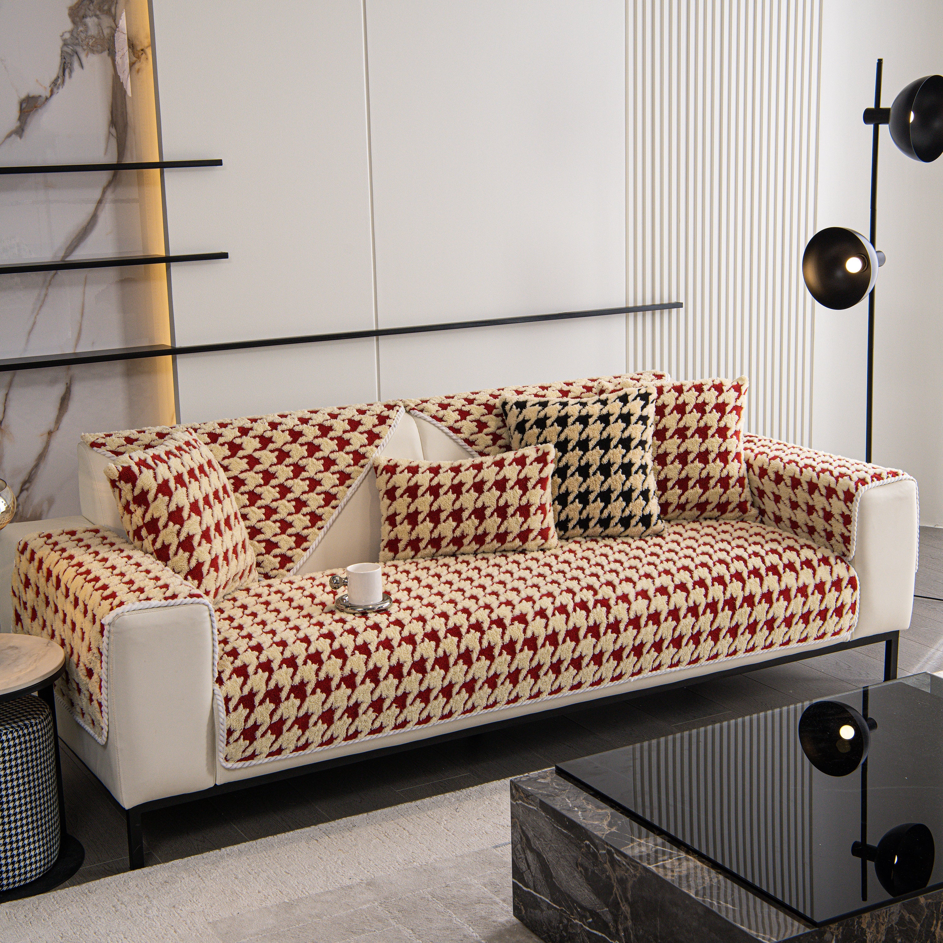 Winter Thickened Sherpa Fleece Houndstooth Sofa Cushion, Non-slip Sofa Cover With Plush