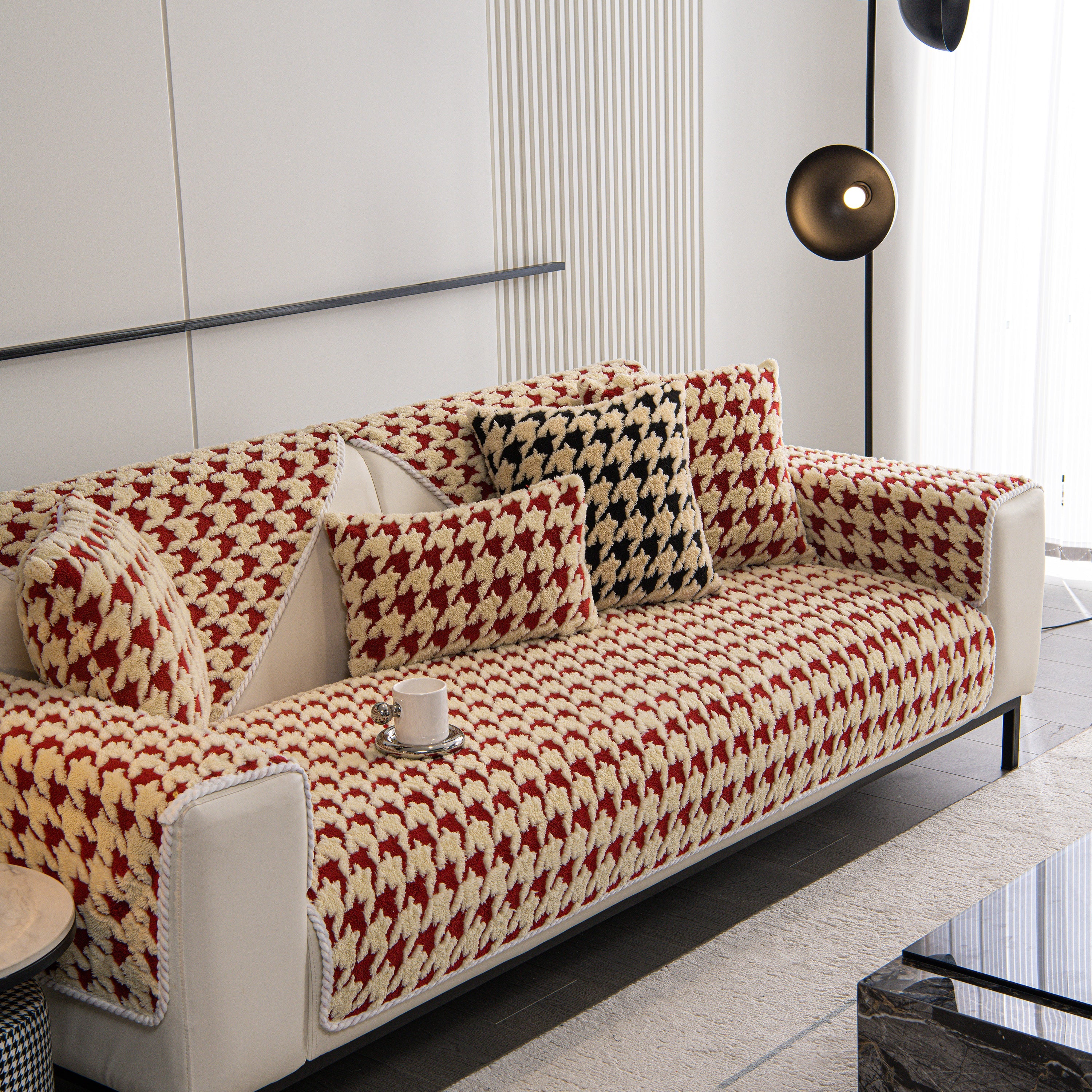 Winter Thickened Sherpa Fleece Houndstooth Sofa Cushion, Non-slip Sofa Cover With Plush