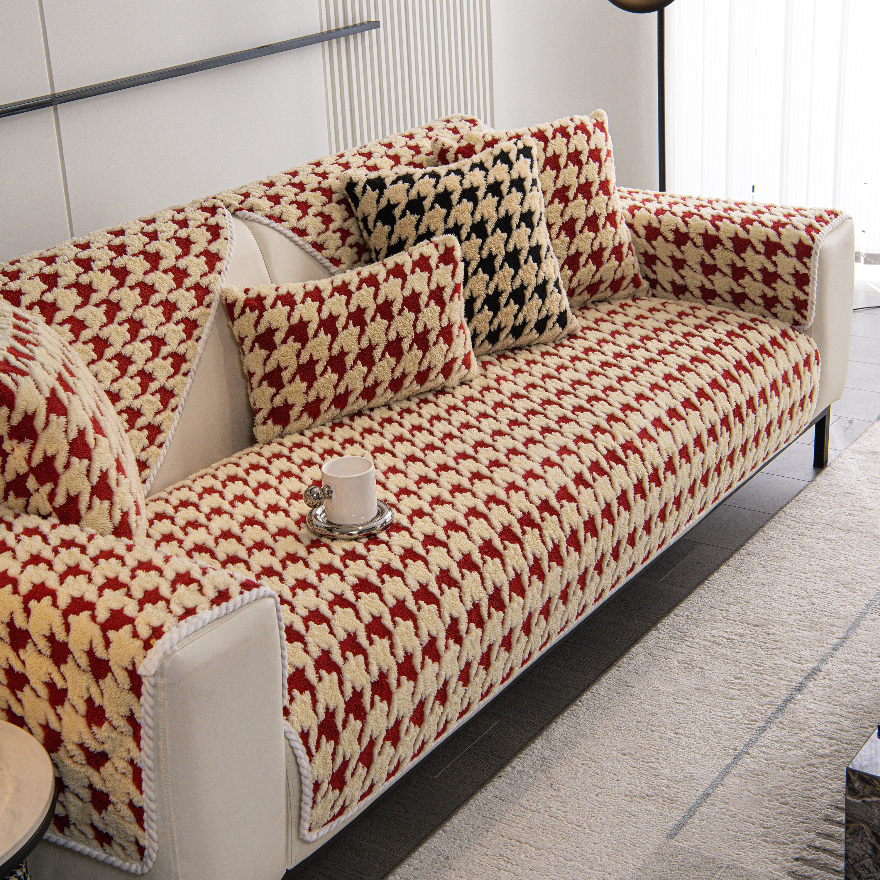 Winter Thickened Sherpa Fleece Houndstooth Sofa Cushion, Non-slip Sofa Cover With Plush