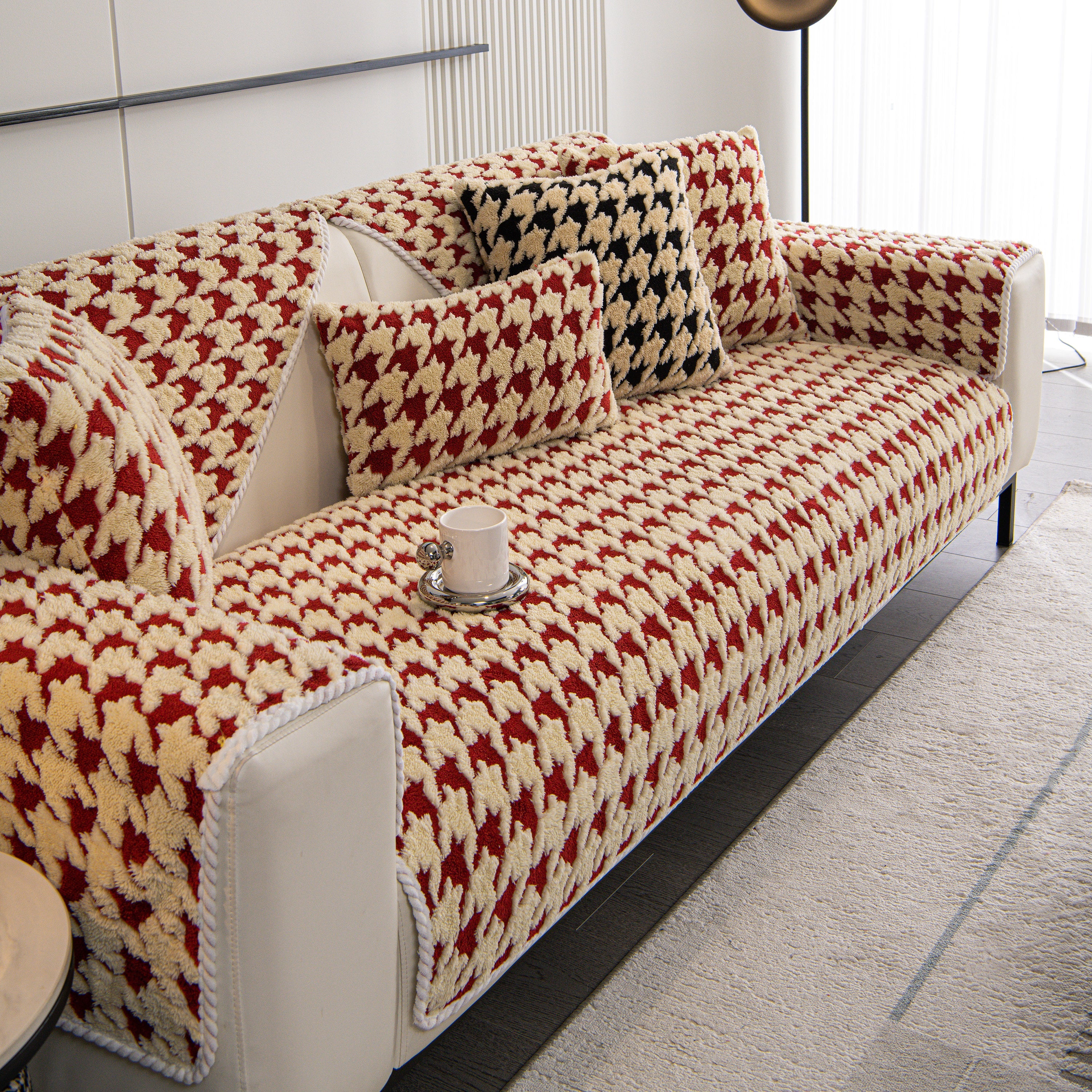 Winter Thickened Sherpa Fleece Houndstooth Sofa Cushion, Non-slip Sofa Cover With Plush