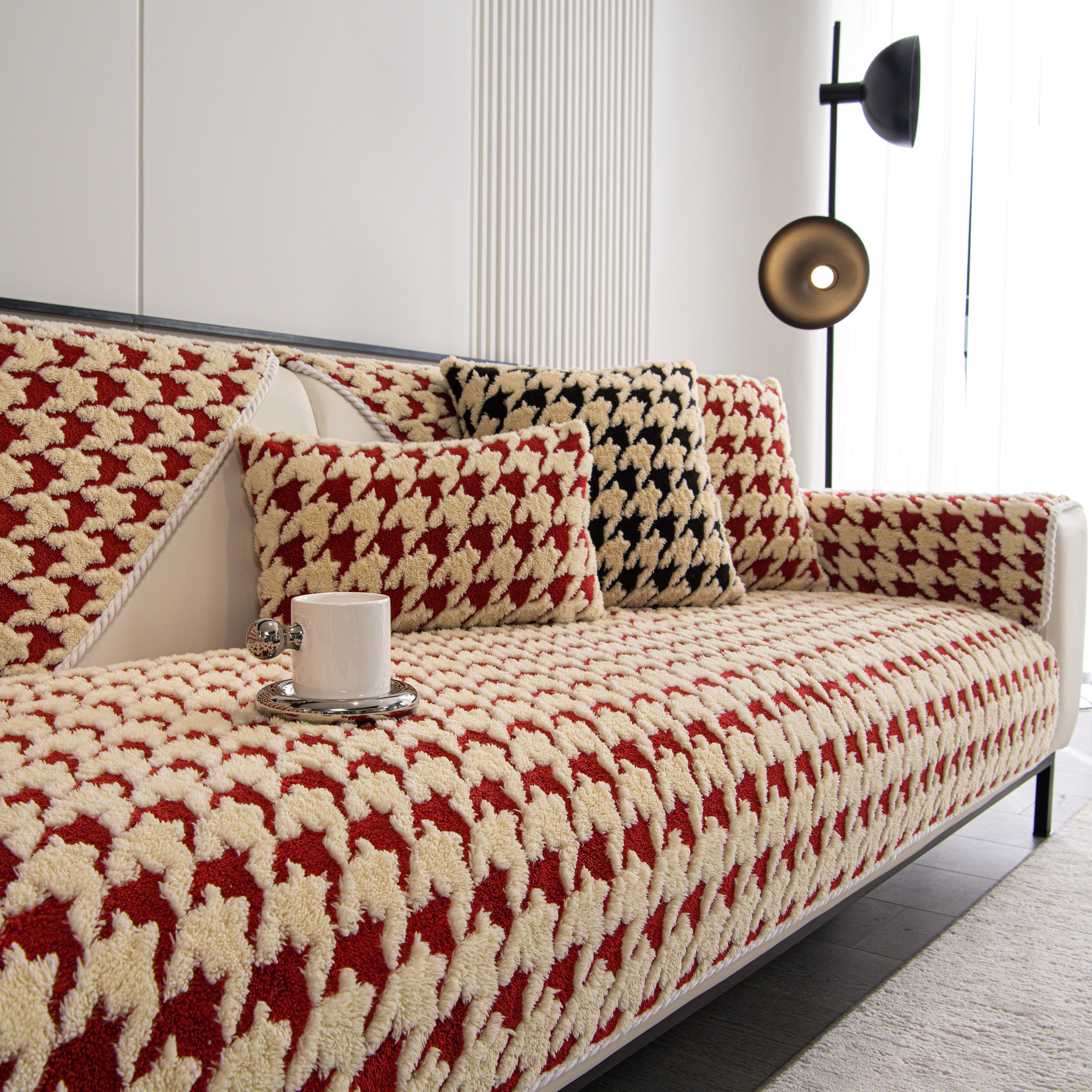 Winter Thickened Sherpa Fleece Houndstooth Sofa Cushion, Non-slip Sofa Cover With Plush