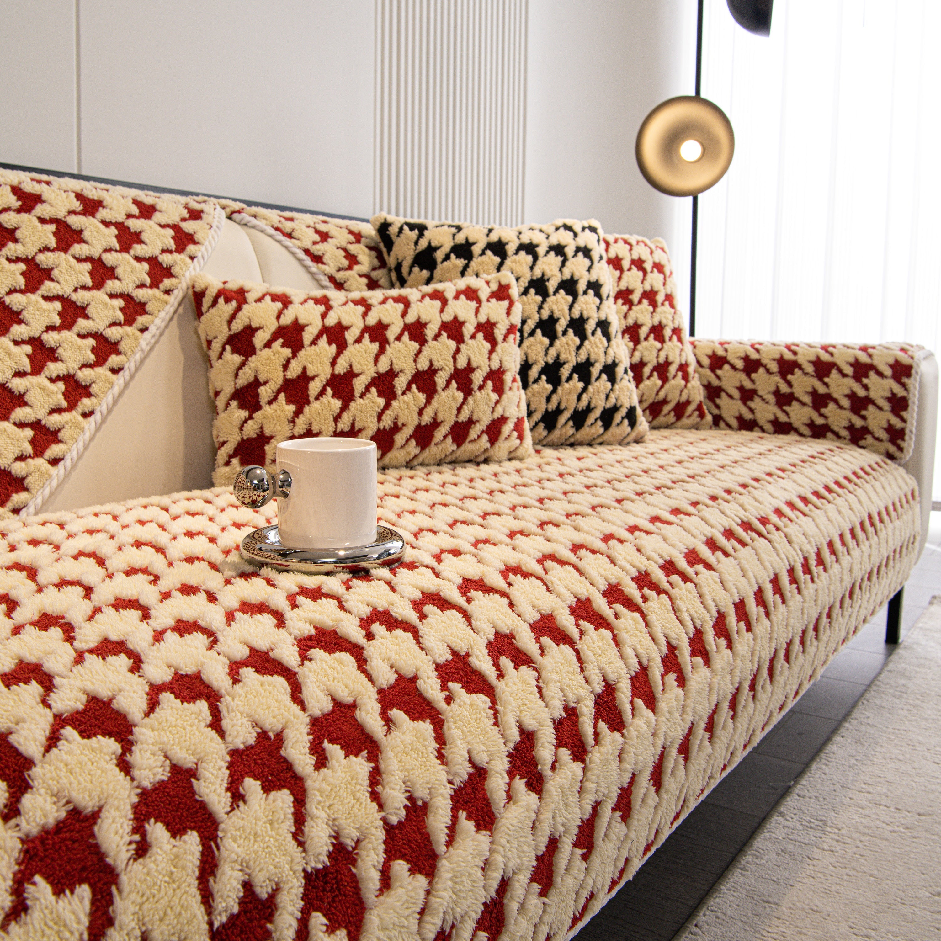 Winter Thickened Sherpa Fleece Houndstooth Sofa Cushion, Non-slip Sofa Cover With Plush