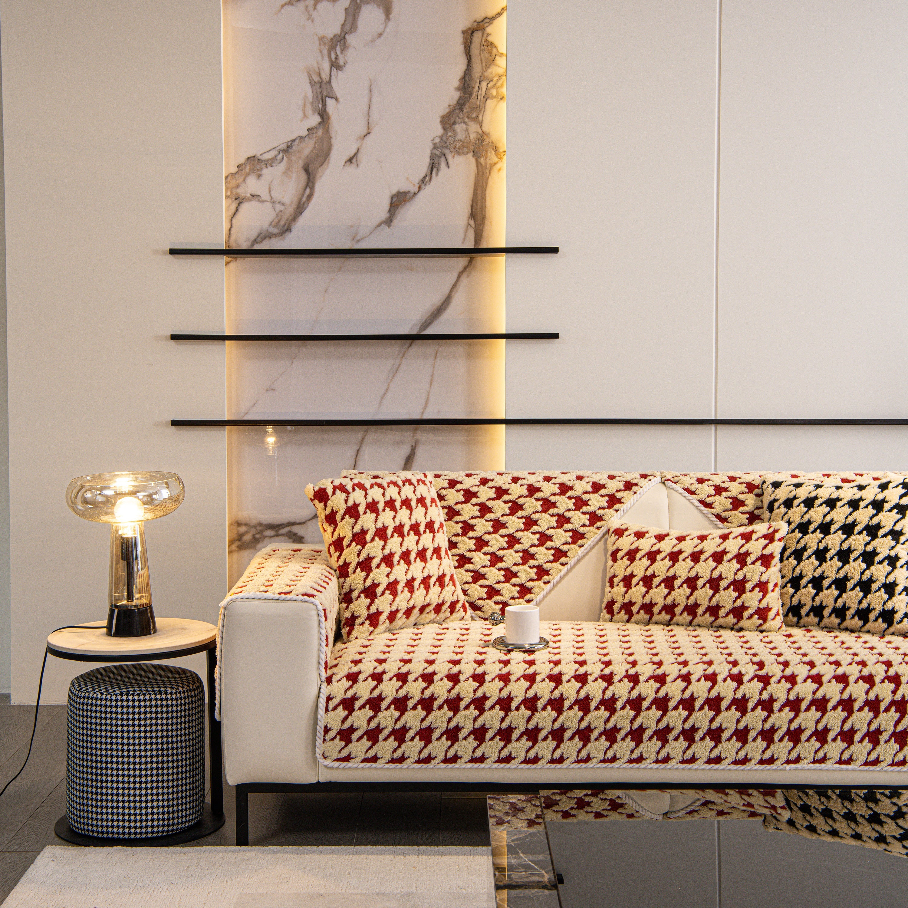Winter Thickened Sherpa Fleece Houndstooth Sofa Cushion, Non-slip Sofa Cover With Plush