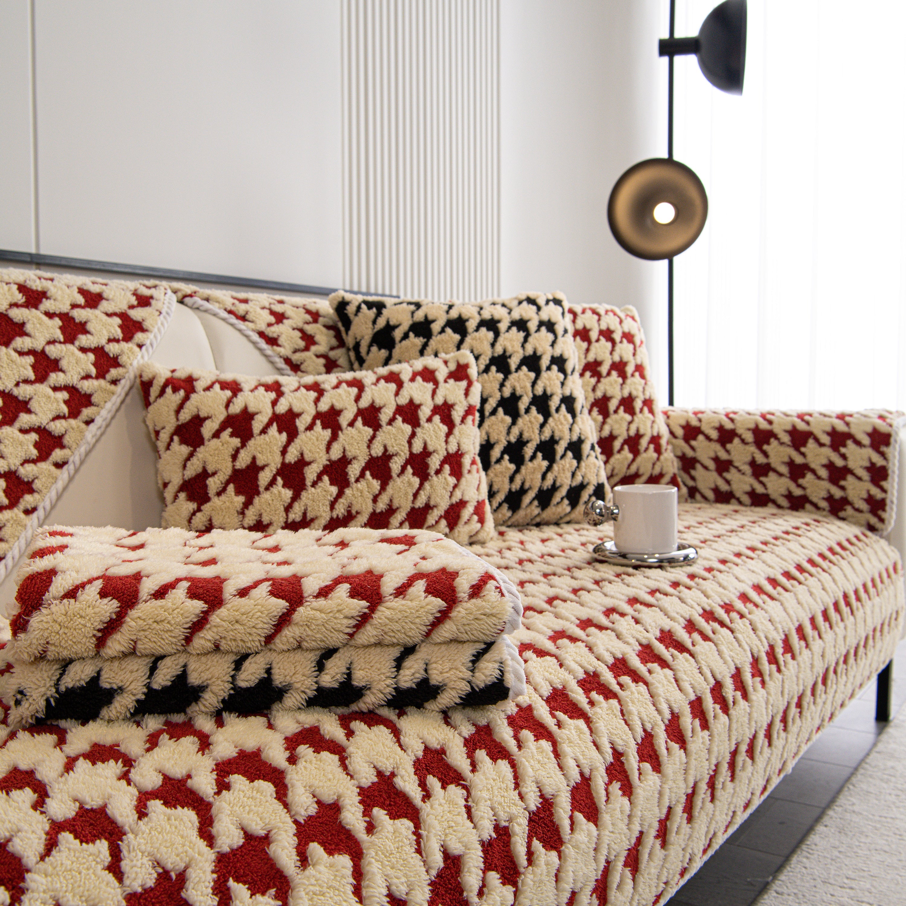 Winter Thickened Sherpa Fleece Houndstooth Sofa Cushion, Non-slip Sofa Cover With Plush