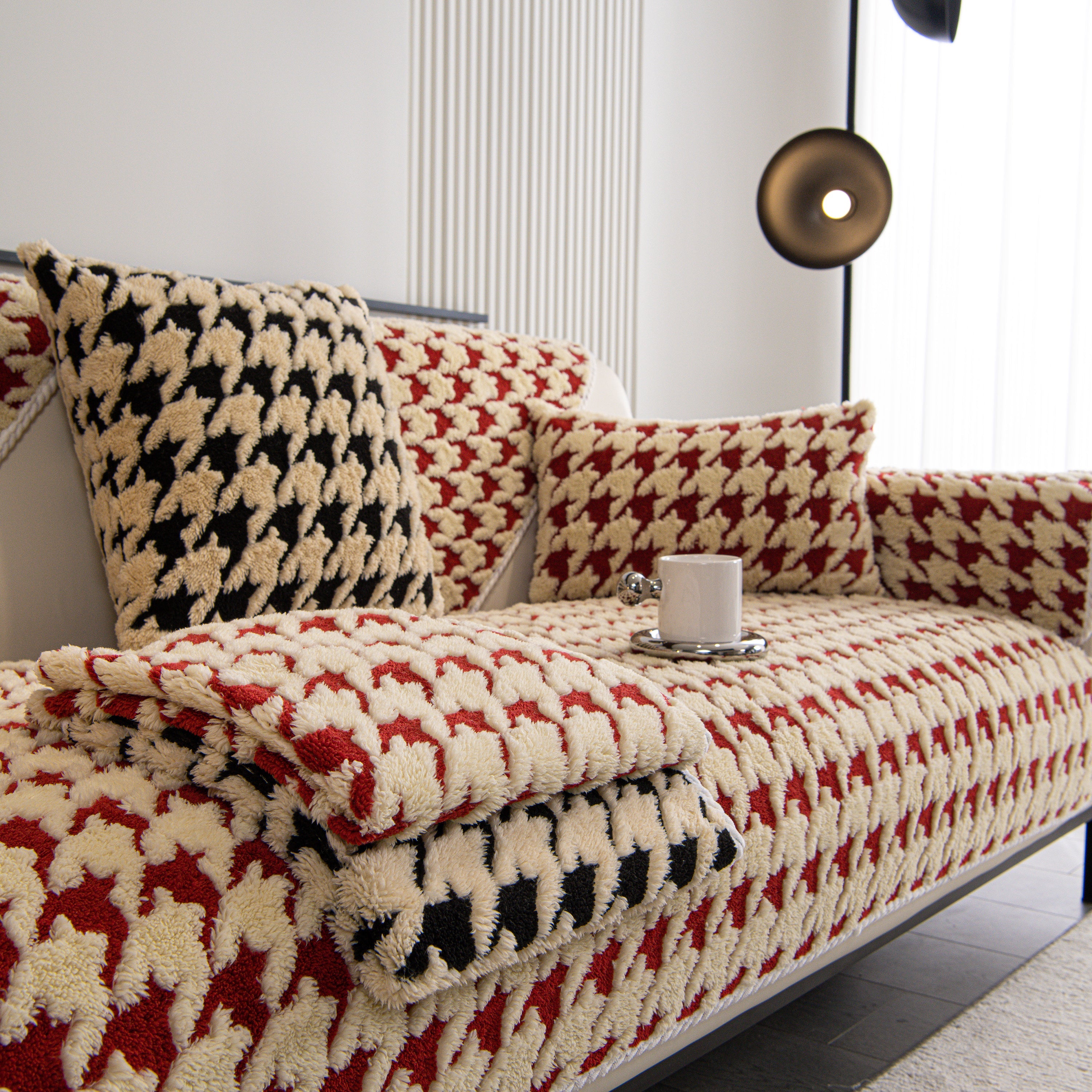 Winter Thickened Sherpa Fleece Houndstooth Sofa Cushion, Non-slip Sofa Cover With Plush