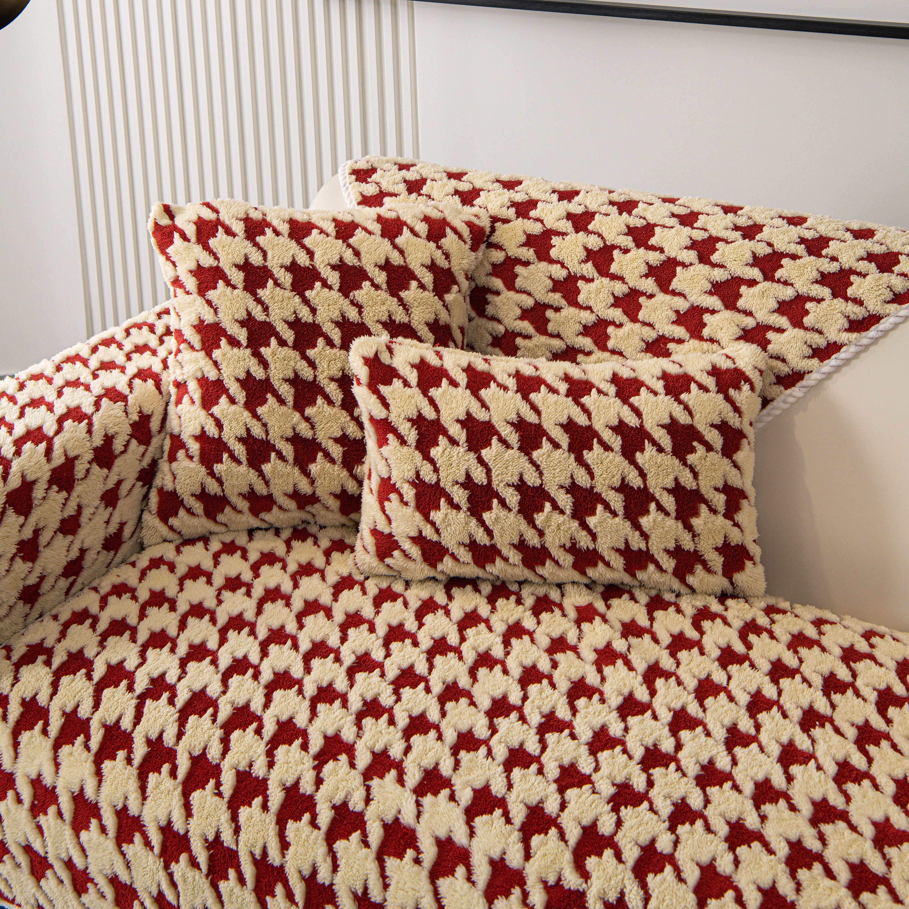 Winter Thickened Sherpa Fleece Houndstooth Sofa Cushion, Non-slip Sofa Cover With Plush