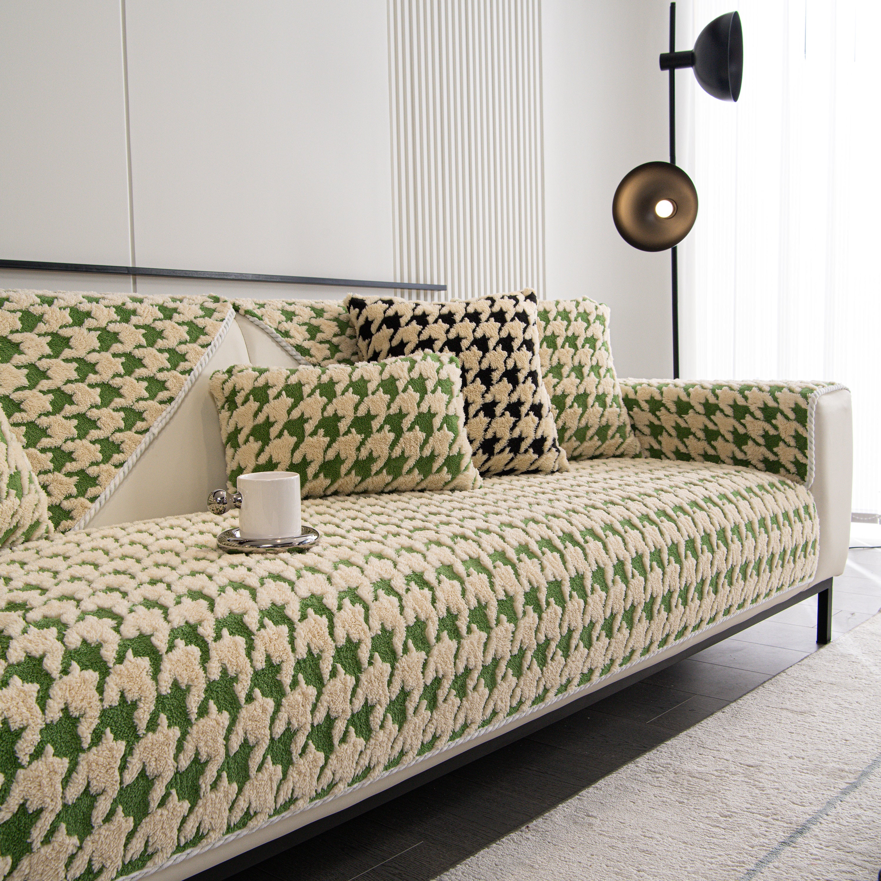 Winter Thickened Sherpa Fleece Houndstooth Sofa Cushion, Non-slip Sofa Cover With Plush