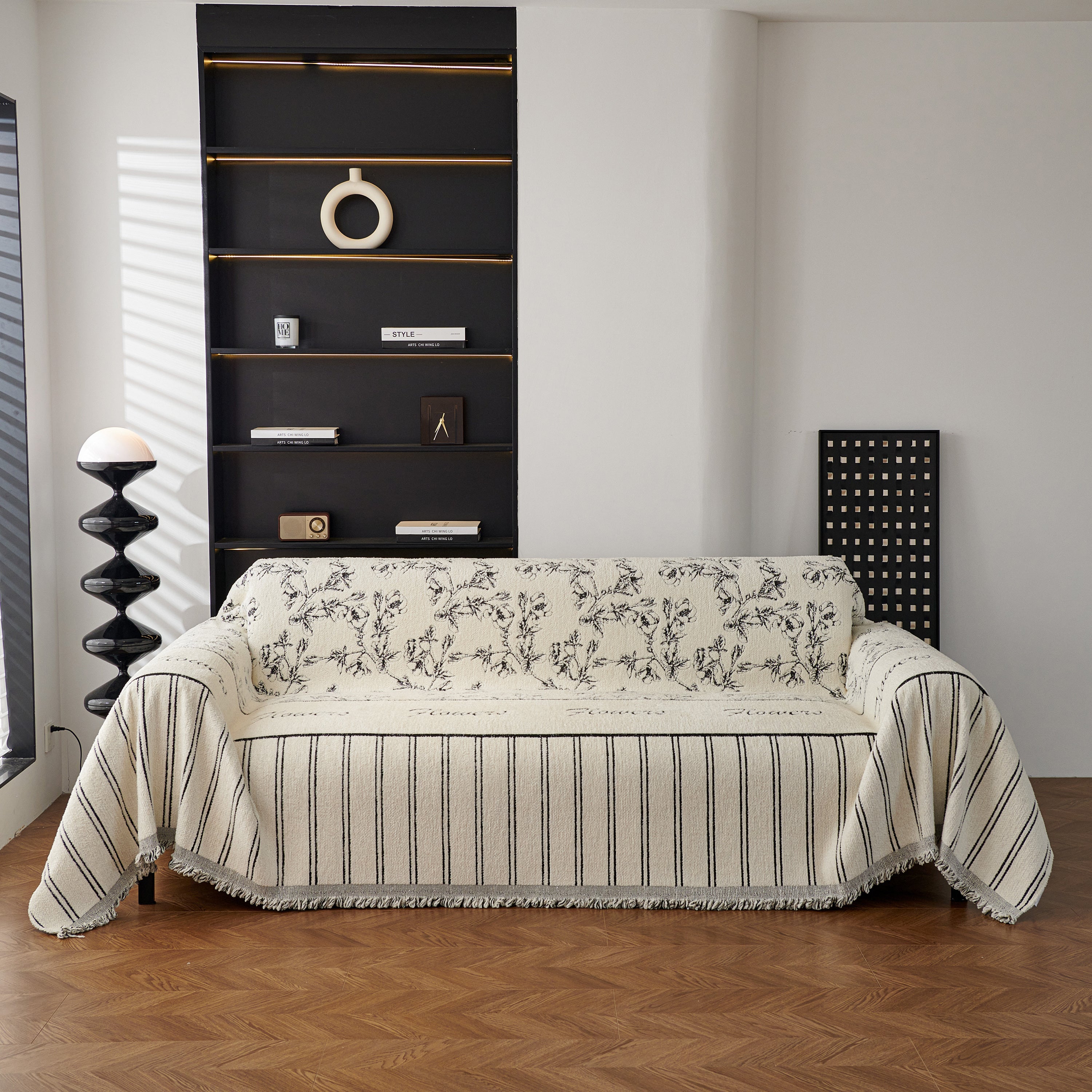 Chenille Striped Floral Couch Cover Sofa Slipcover For Most Shape Sofas, Reversible Sofa Throw Cover