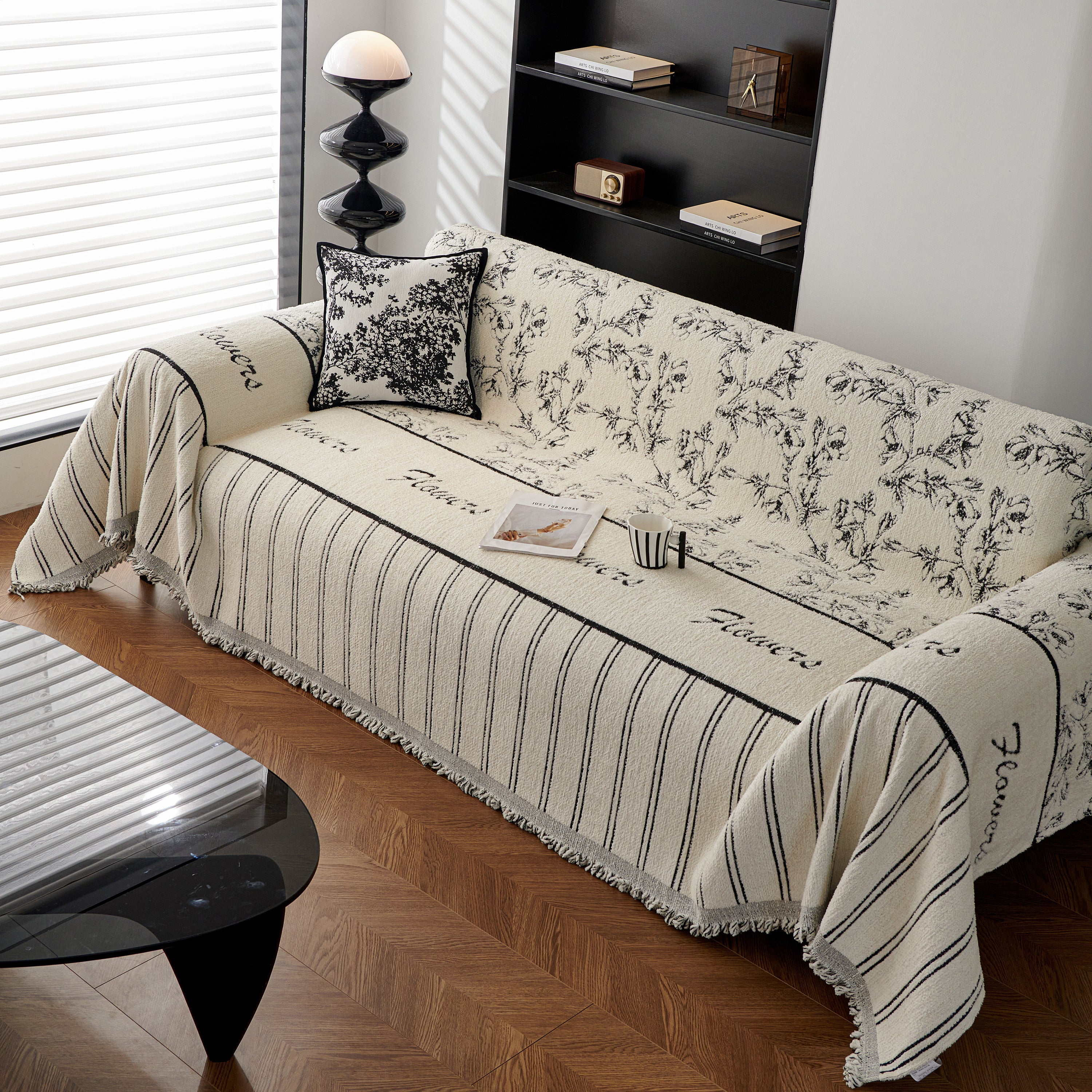 Chenille Striped Floral Couch Cover Sofa Slipcover For Most Shape Sofas, Reversible Sofa Throw Cover