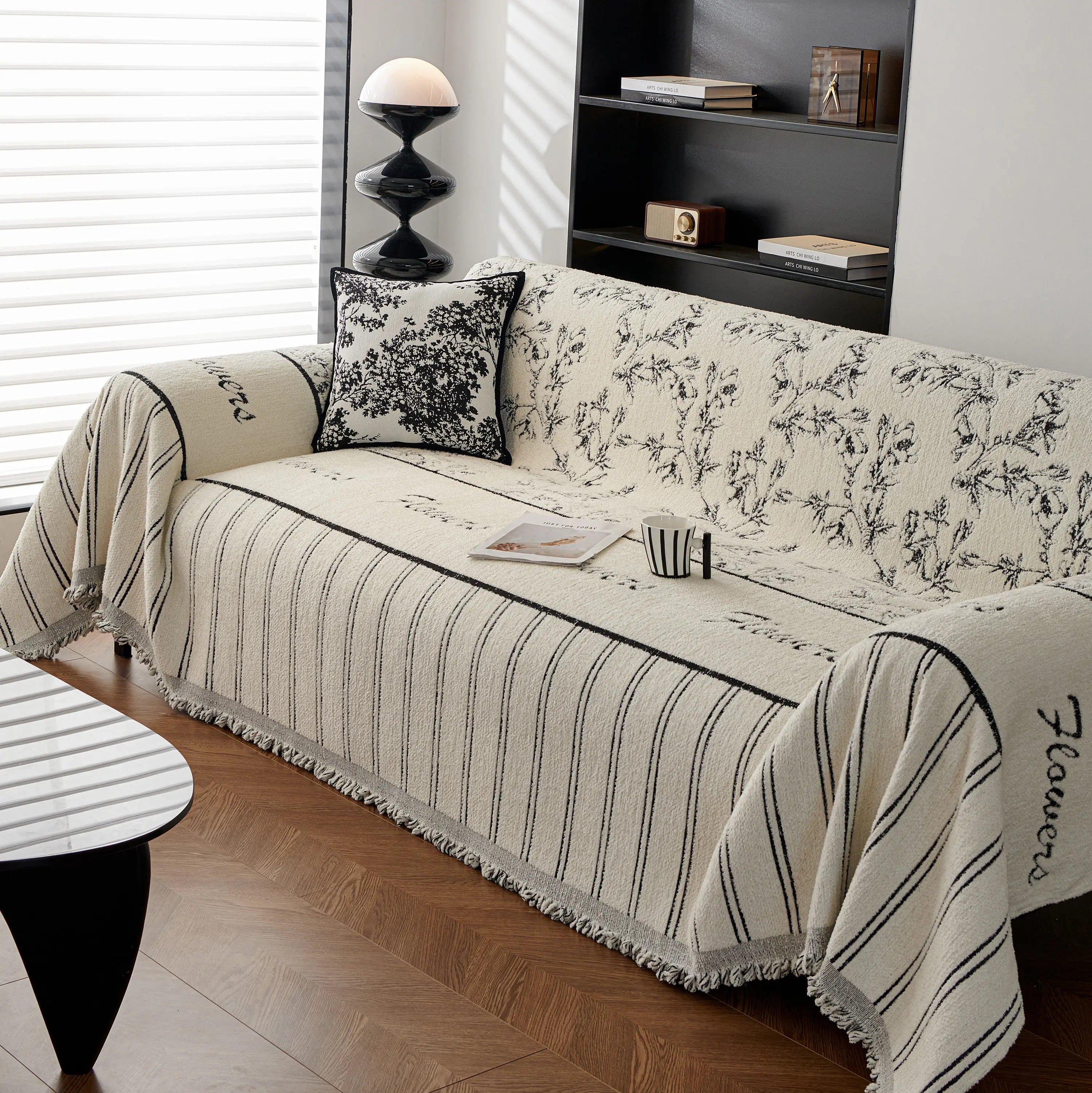 Chenille Striped Floral Couch Cover Sofa Slipcover For Most Shape Sofas, Reversible Sofa Throw Cover