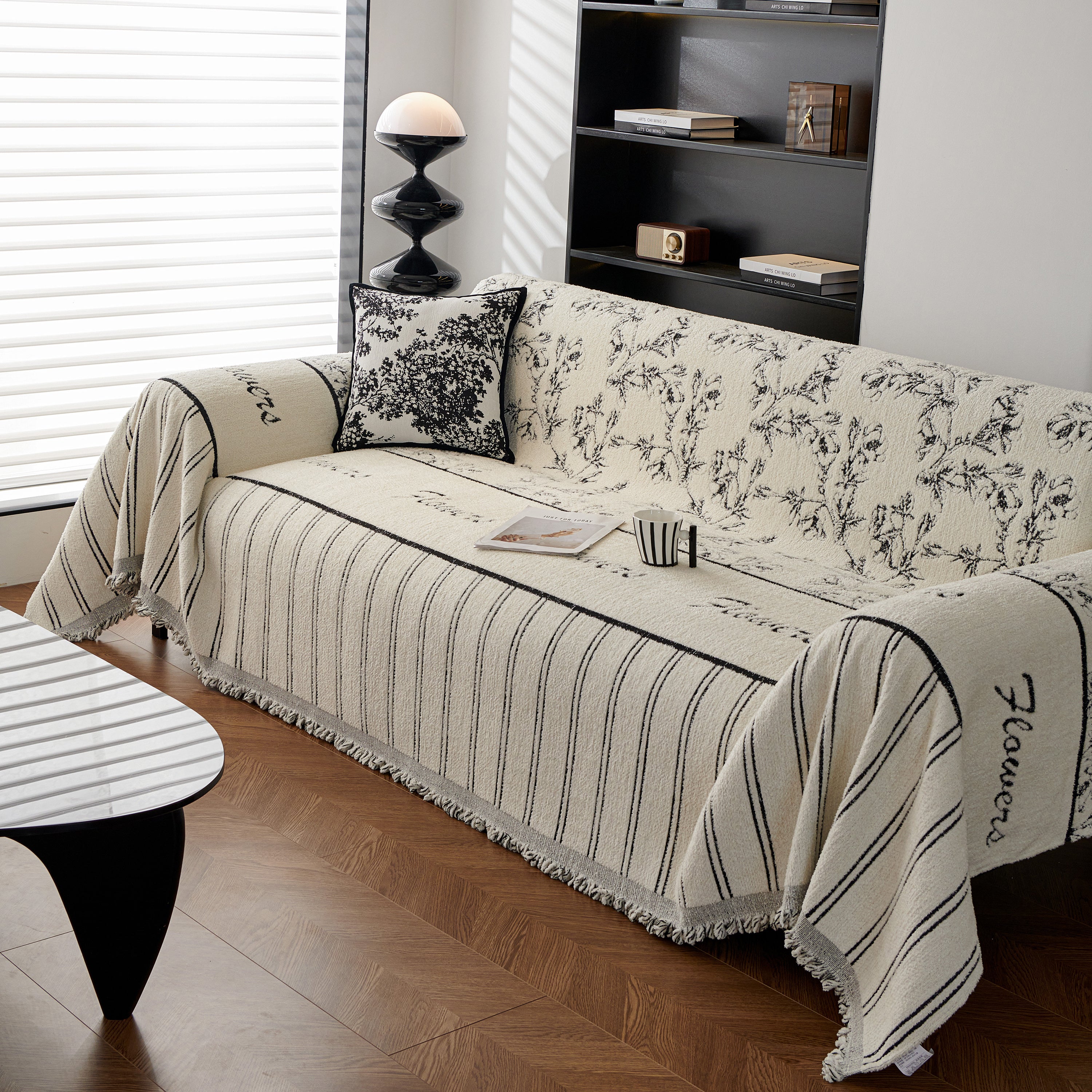 Chenille Striped Floral Couch Cover Sofa Slipcover For Most Shape Sofas, Reversible Sofa Throw Cover