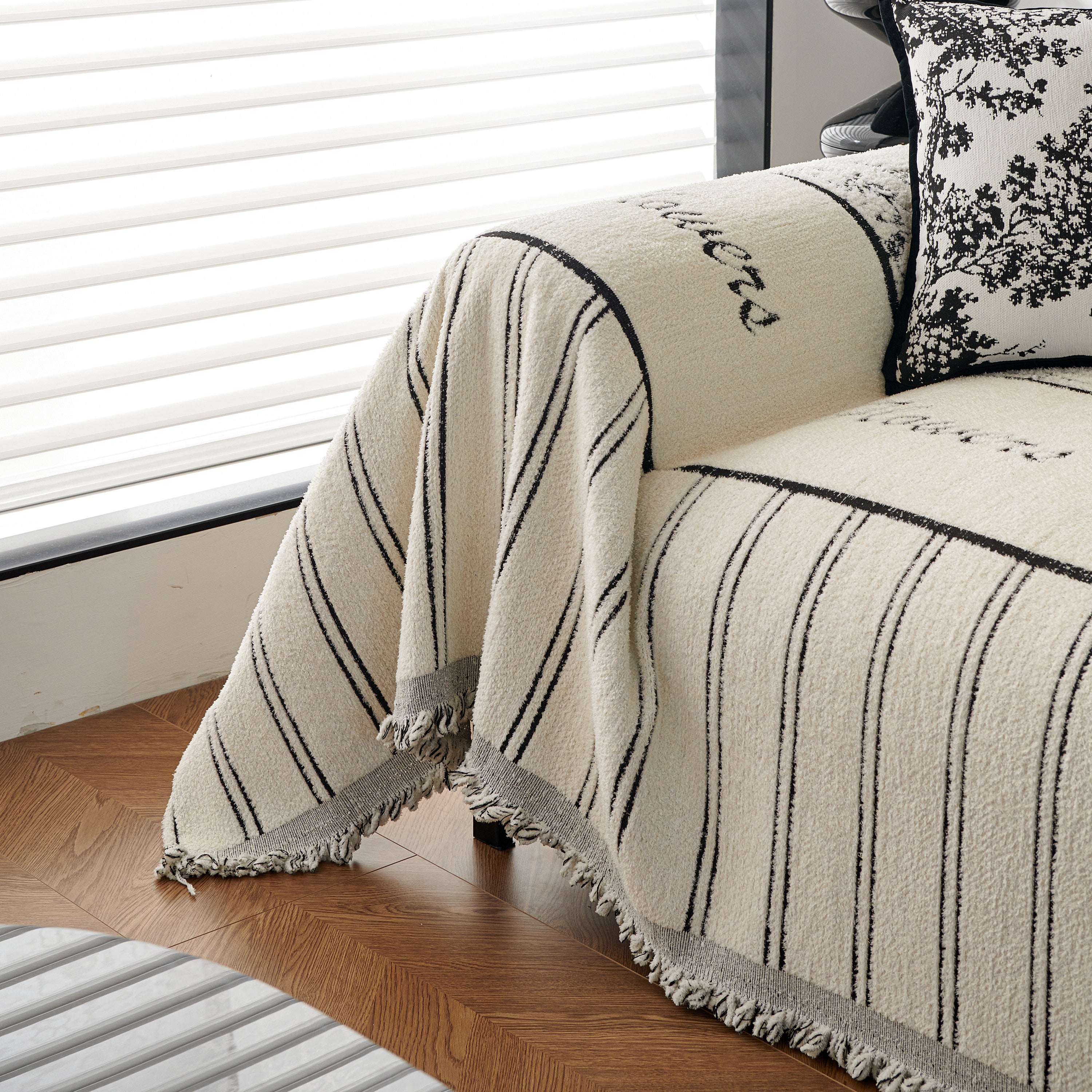 Chenille Striped Floral Couch Cover Sofa Slipcover For Most Shape Sofas, Reversible Sofa Throw Cover