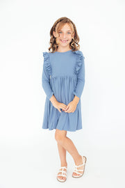 Dusty Blue L/s Ruffle Twirl Dress