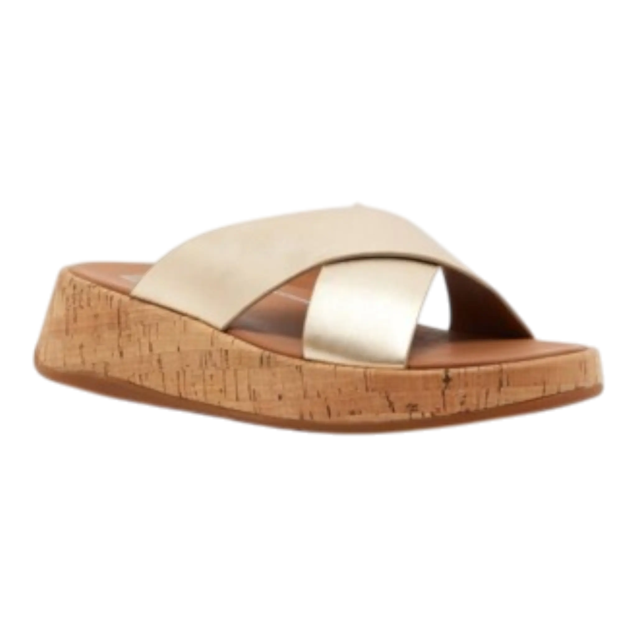 FitFlop Metallic Leather/Cork Flatform Cross Slides Women’s Sandals – Platino