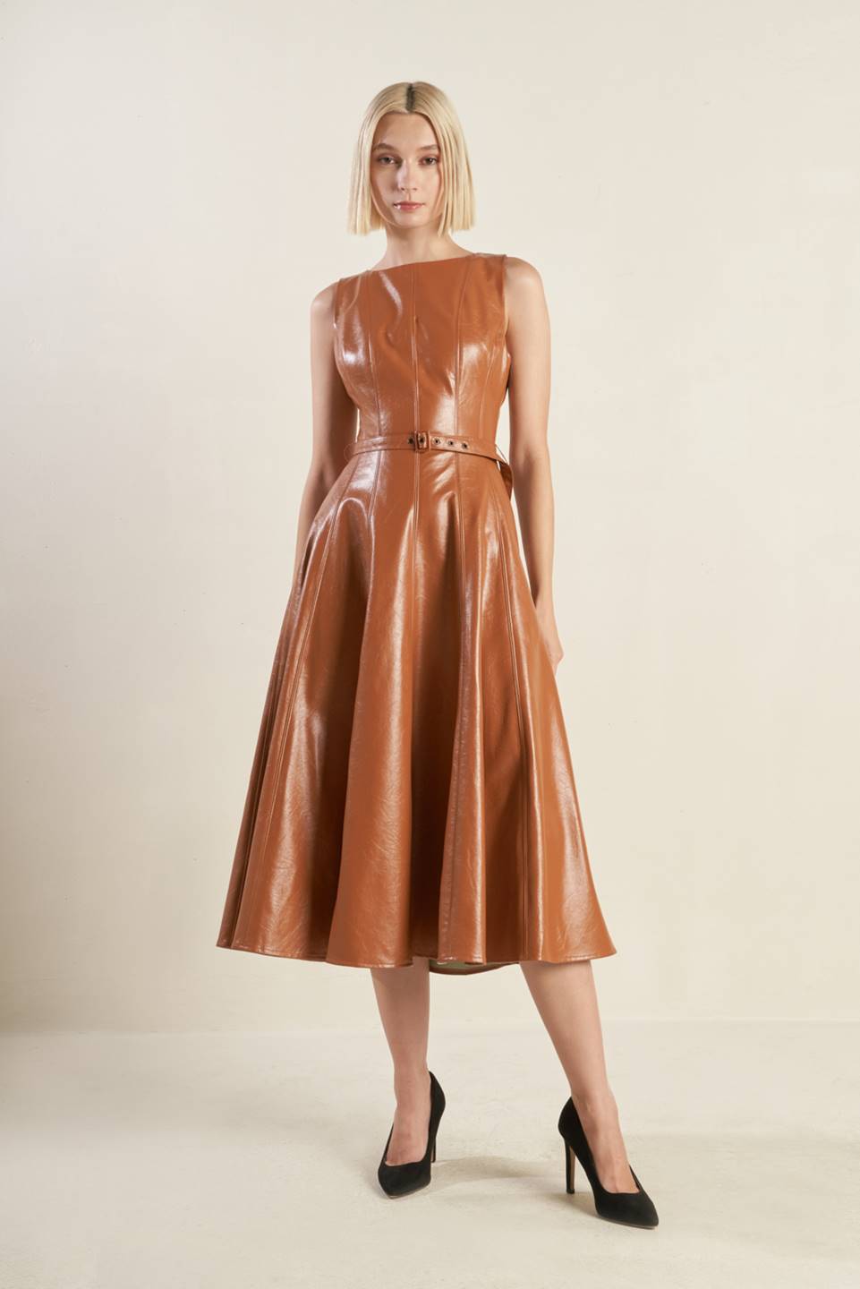 Lunar Symphony Faux Leather Midi Dress
