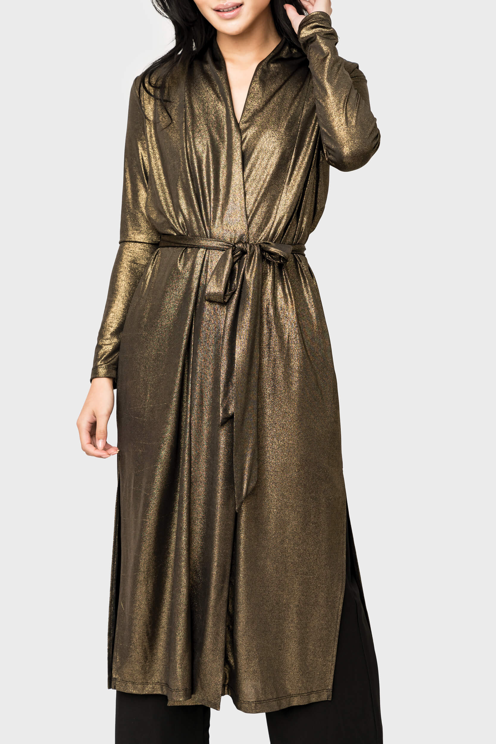 Foil Knit Duster With Self-tie Belt
