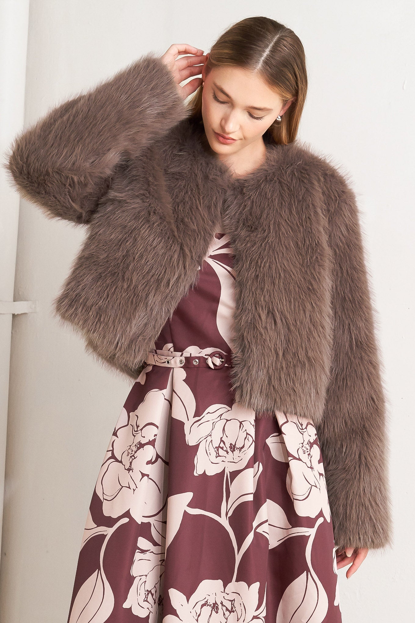 LONDON FLARE MOCHA FAUX FUR CROP JACKET