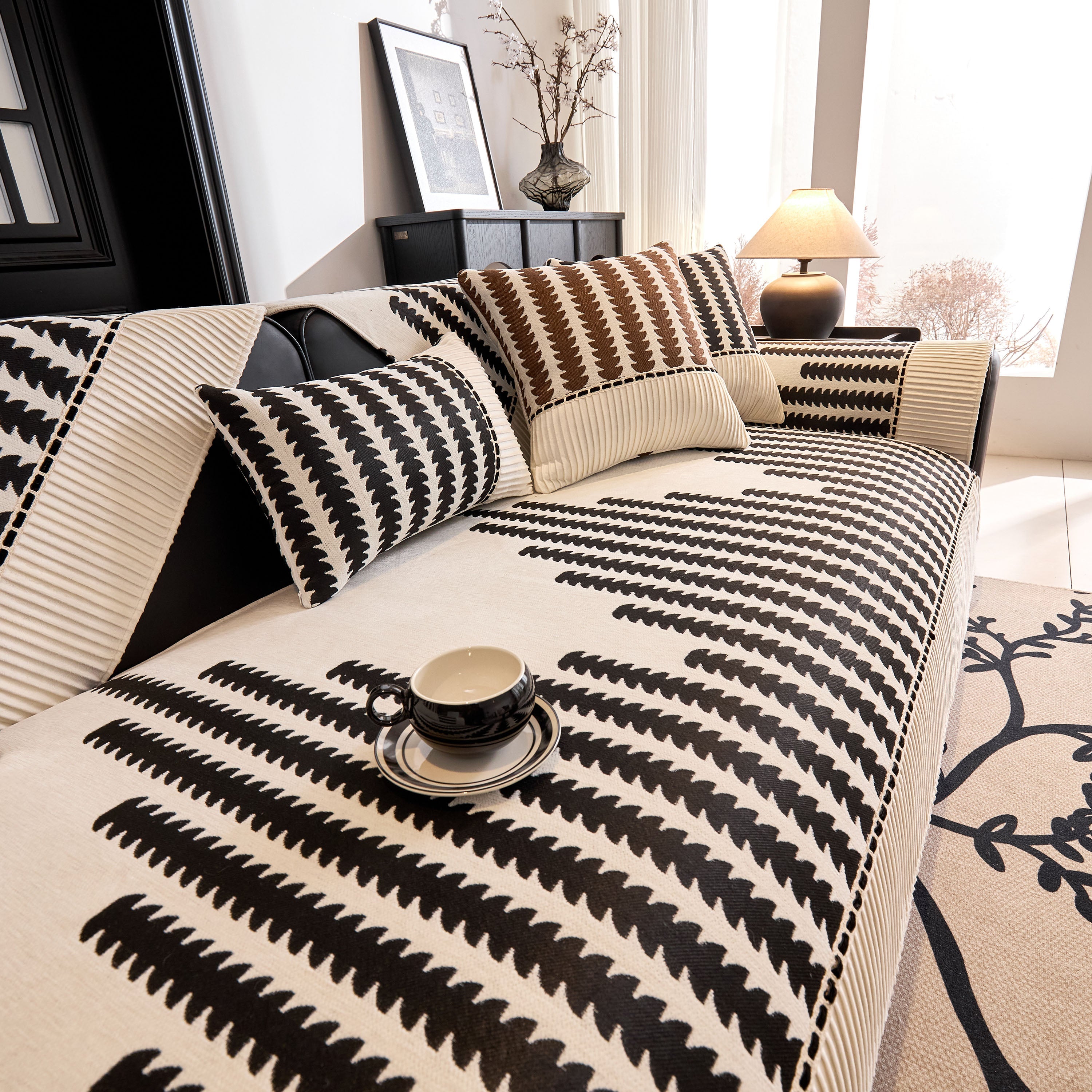 Vertical Stripes Sectional Sofa Cover Slipcover - Non-slip, Fits L-shape Couches