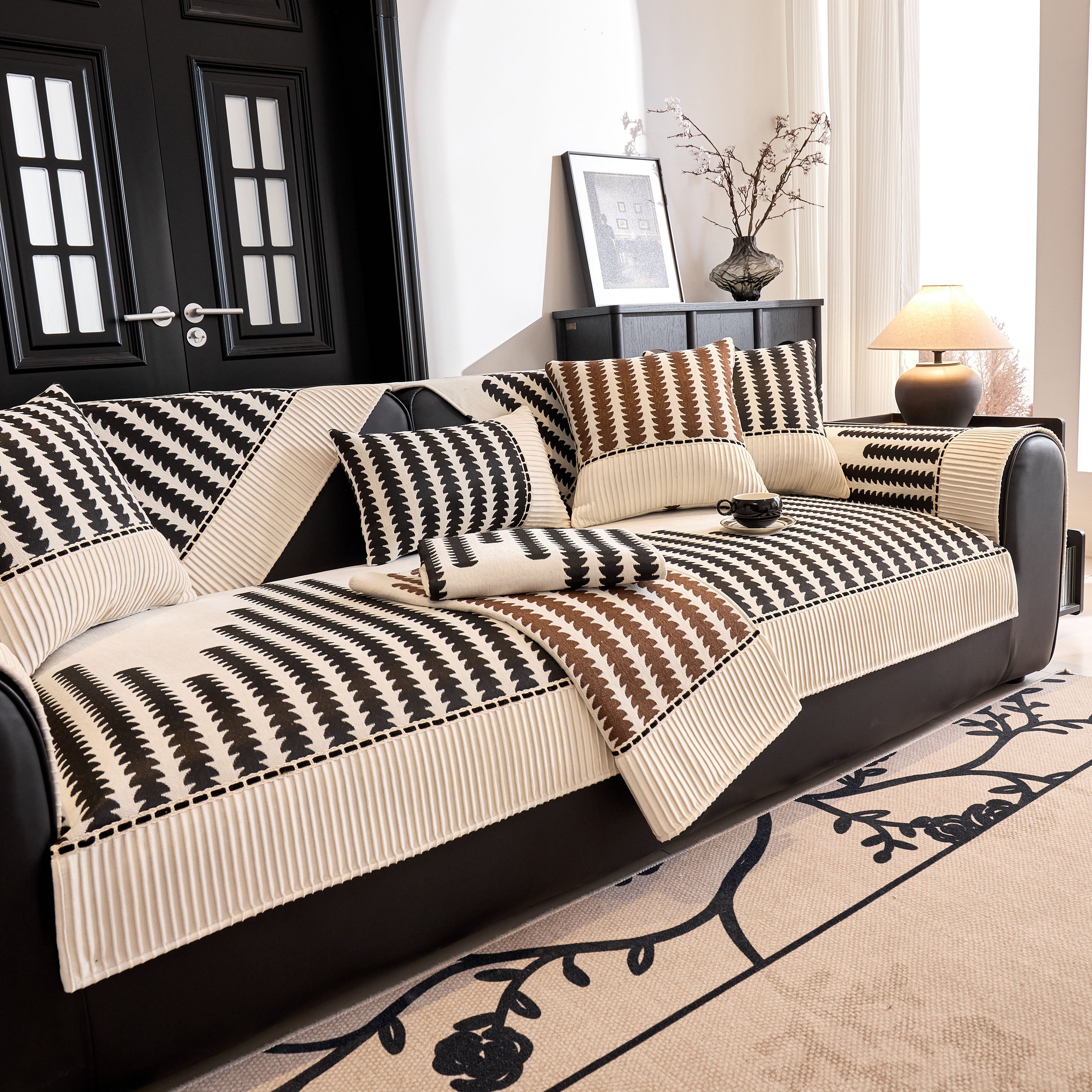 Vertical Stripes Sectional Sofa Cover Slipcover - Non-slip, Fits L-shape Couches