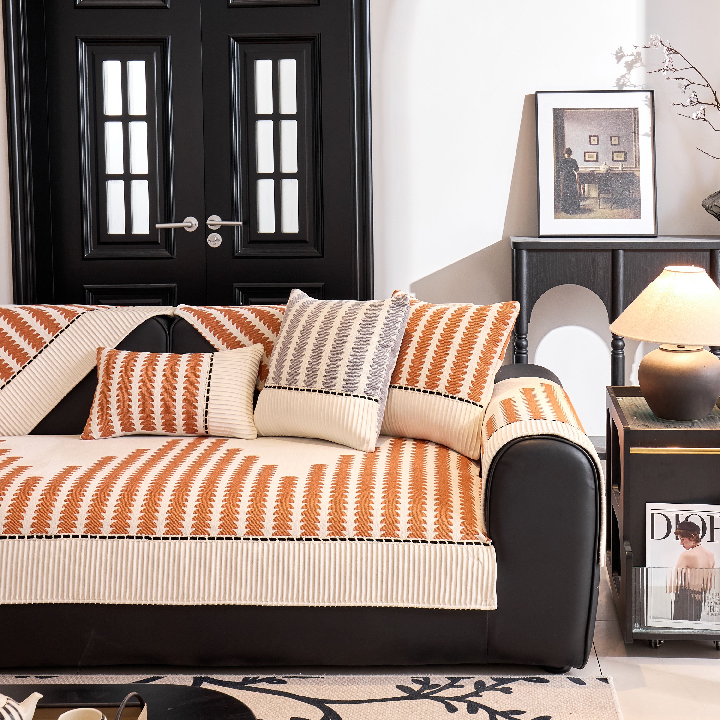 Vertical Stripes Sectional Sofa Cover Slipcover - Non-slip, Fits L-shape Couches