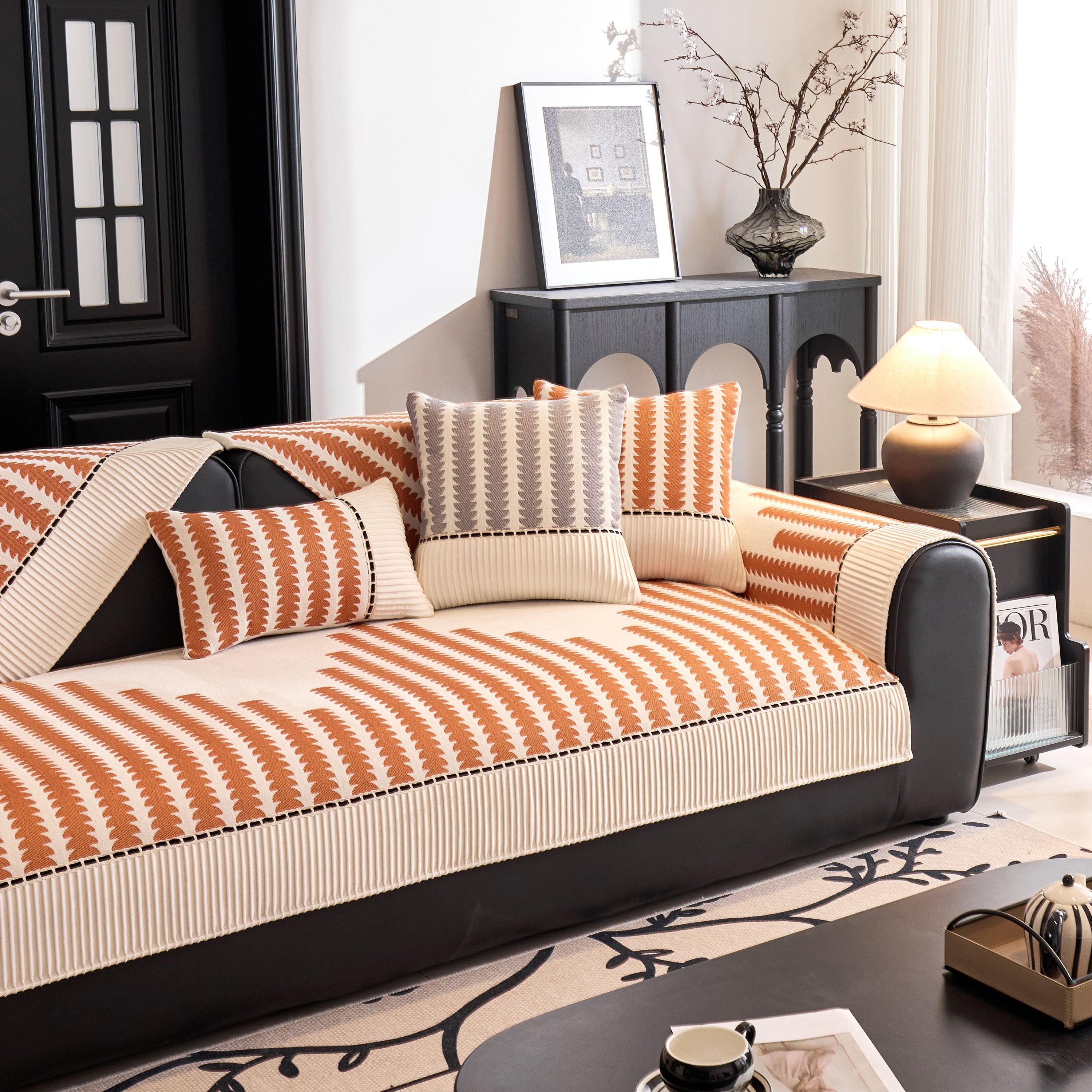 Vertical Stripes Sectional Sofa Cover Slipcover - Non-slip, Fits L-shape Couches