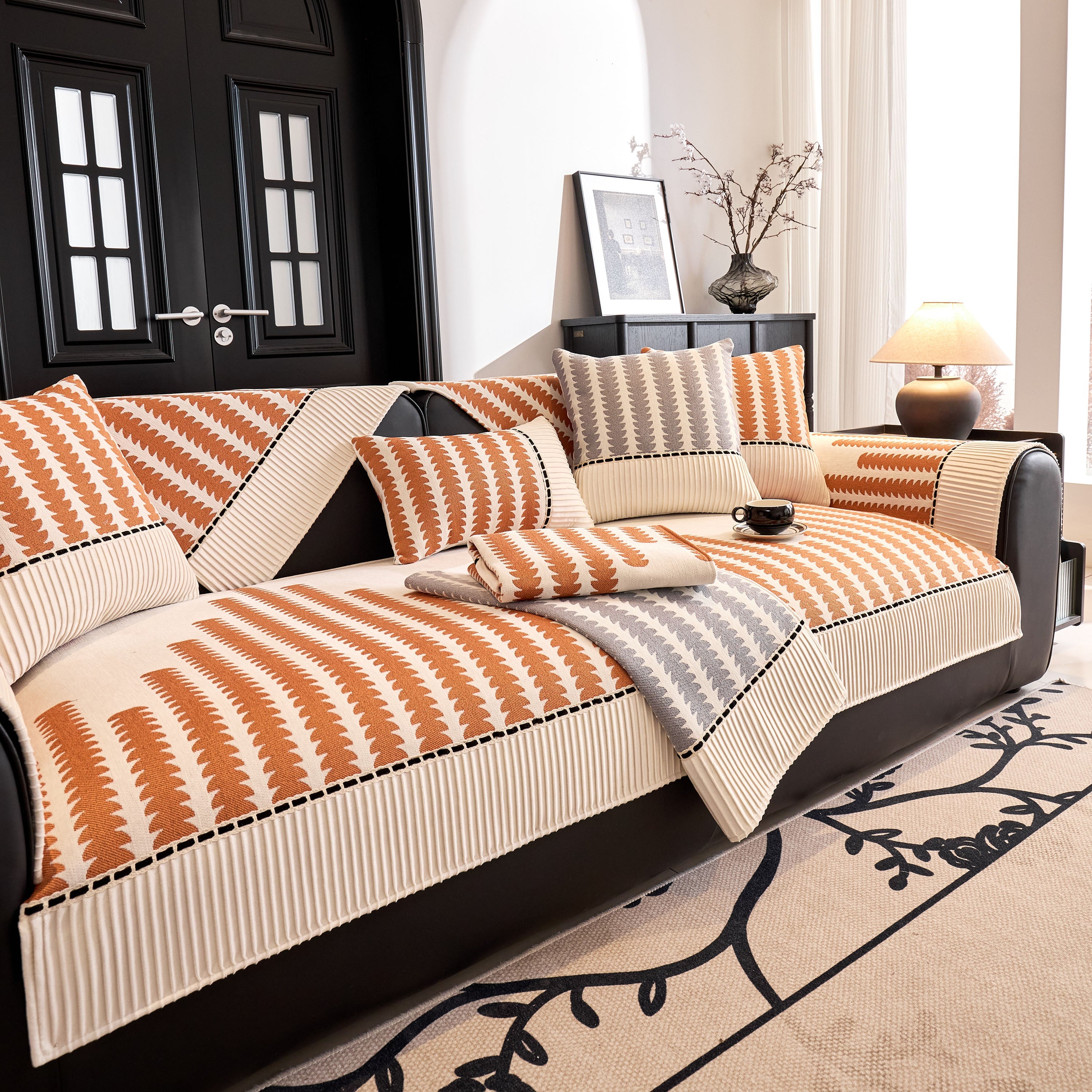 Vertical Stripes Sectional Sofa Cover Slipcover - Non-slip, Fits L-shape Couches