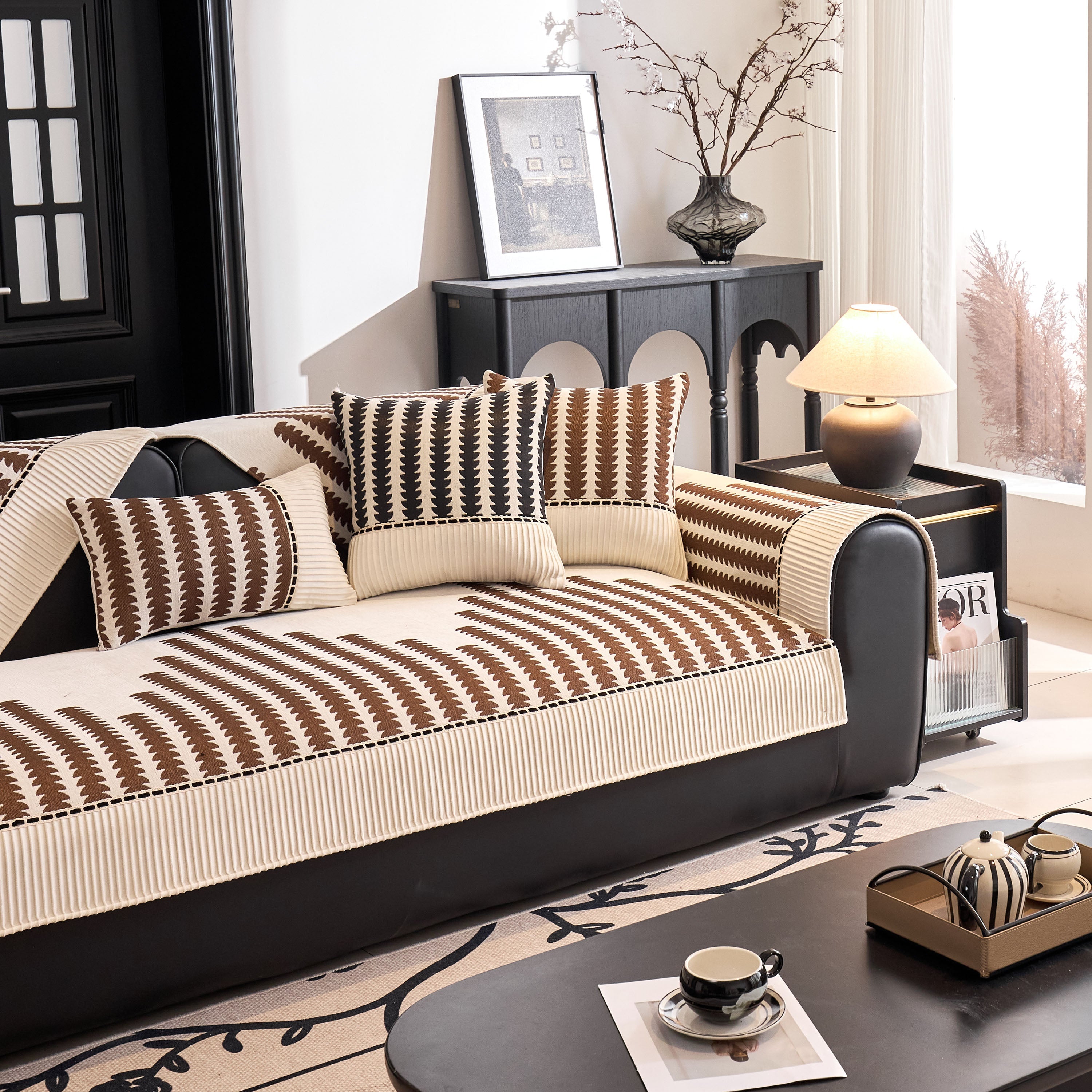Vertical Stripes Sectional Sofa Cover Slipcover - Non-slip, Fits L-shape Couches