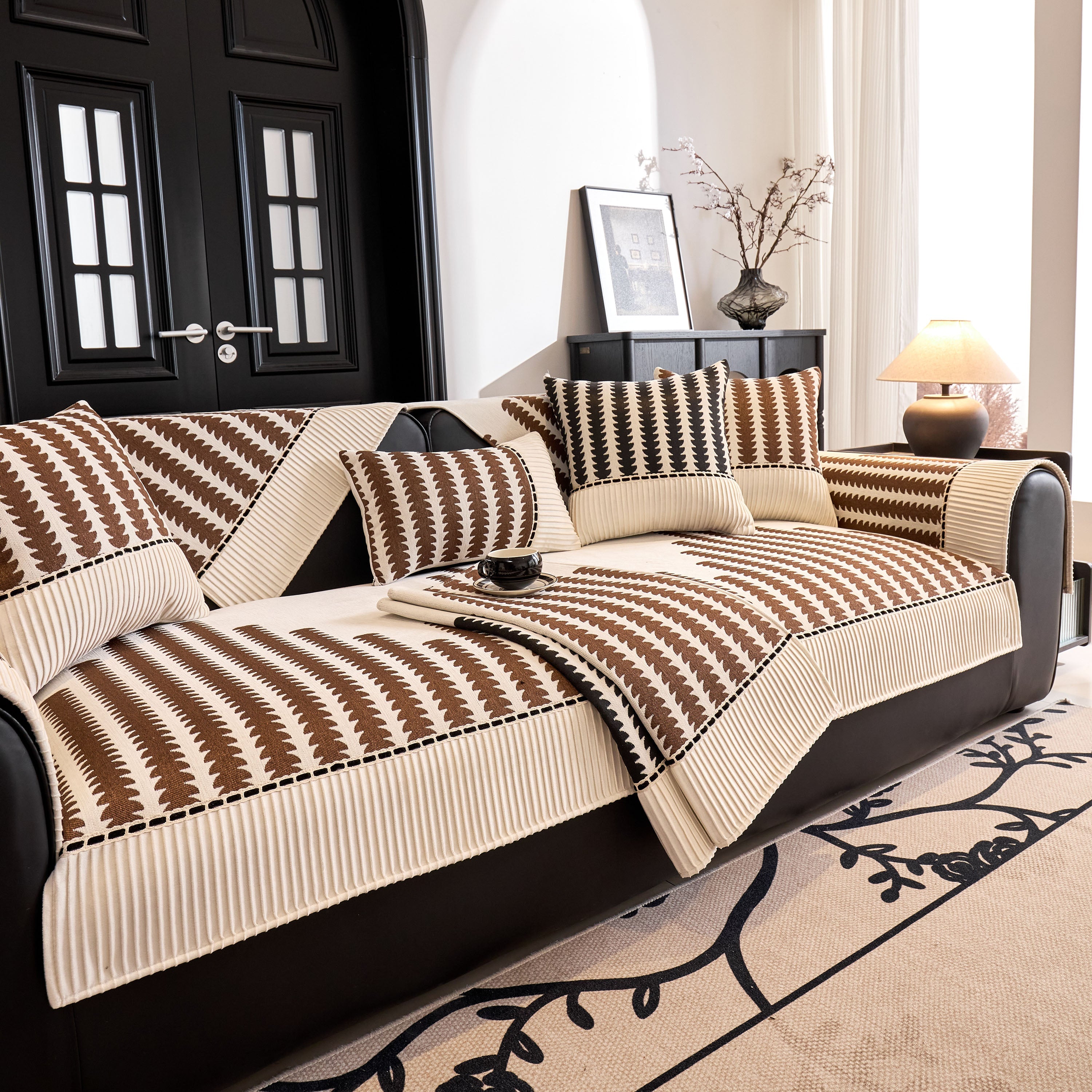 Vertical Stripes Sectional Sofa Cover Slipcover - Non-slip, Fits L-shape Couches