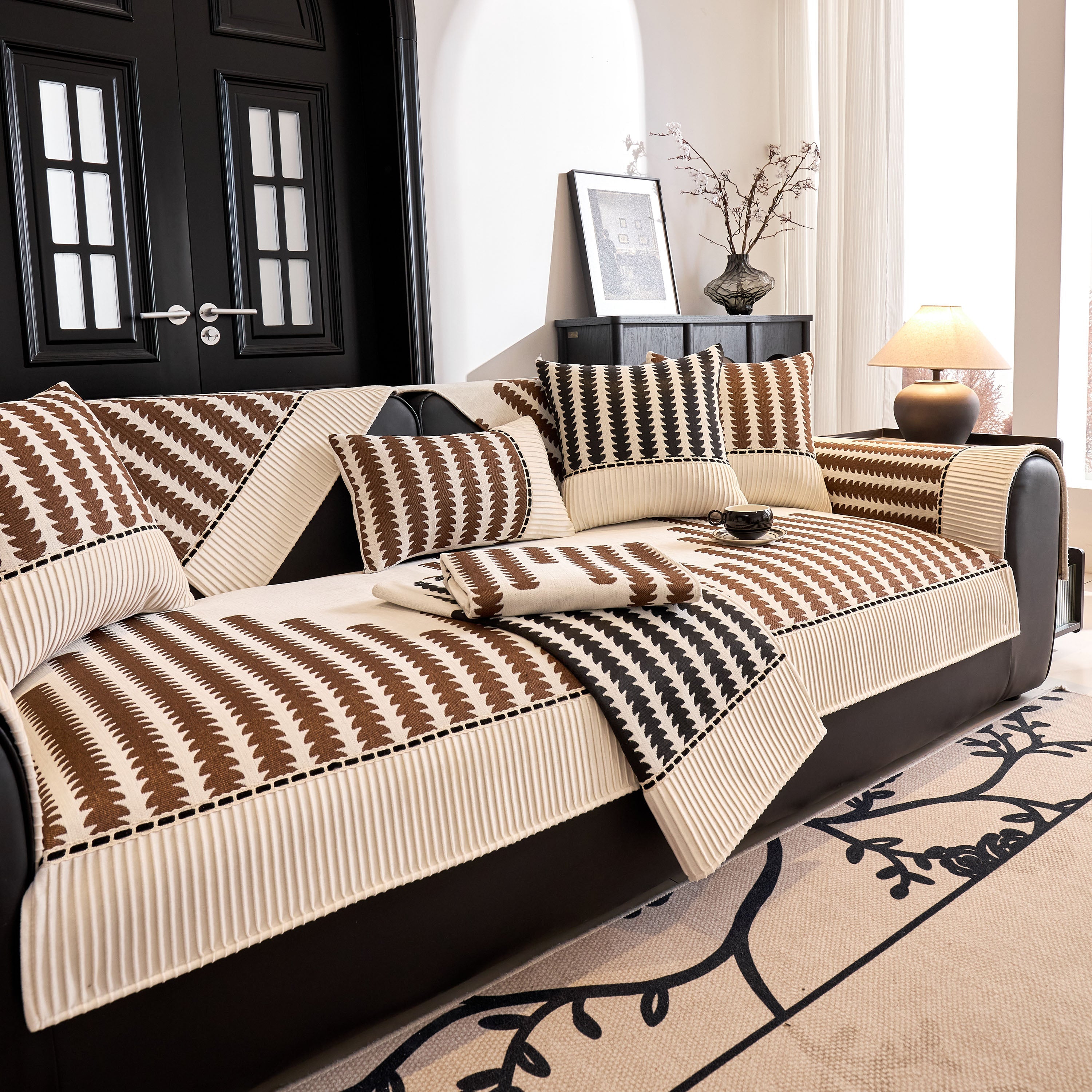 Vertical Stripes Sectional Sofa Cover Slipcover - Non-slip, Fits L-shape Couches