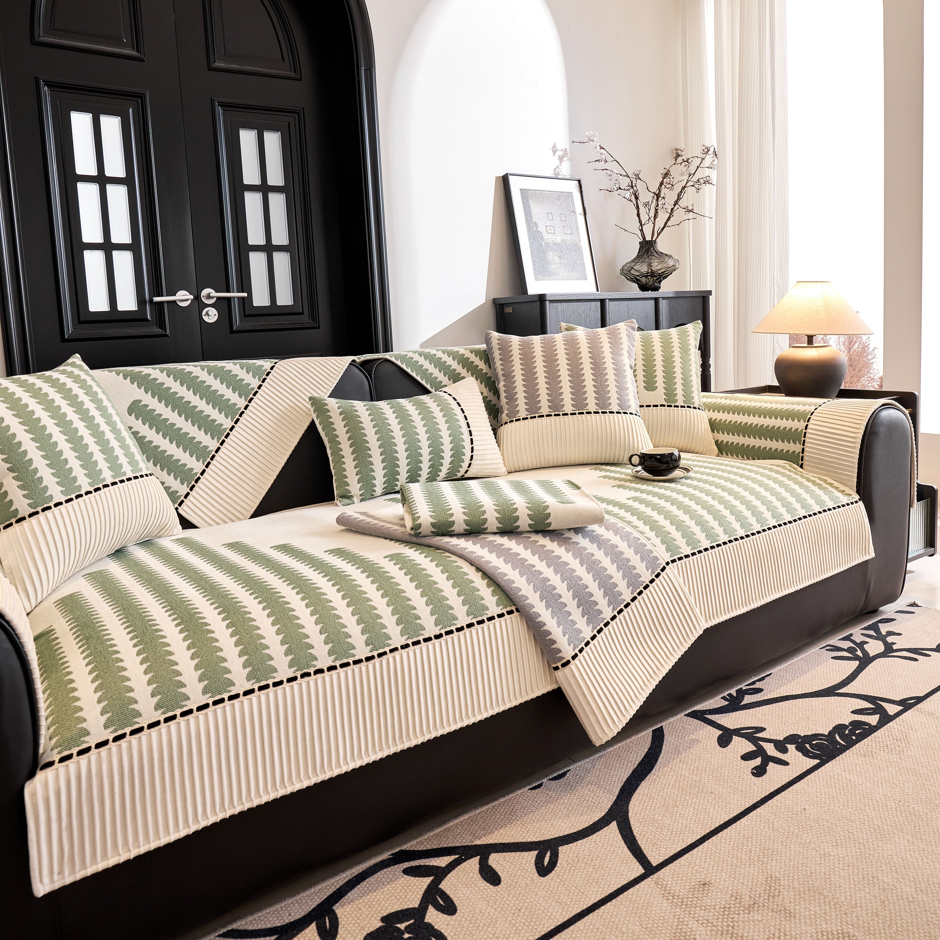 Vertical Stripes Sectional Sofa Cover Slipcover - Non-slip, Fits L-shape Couches
