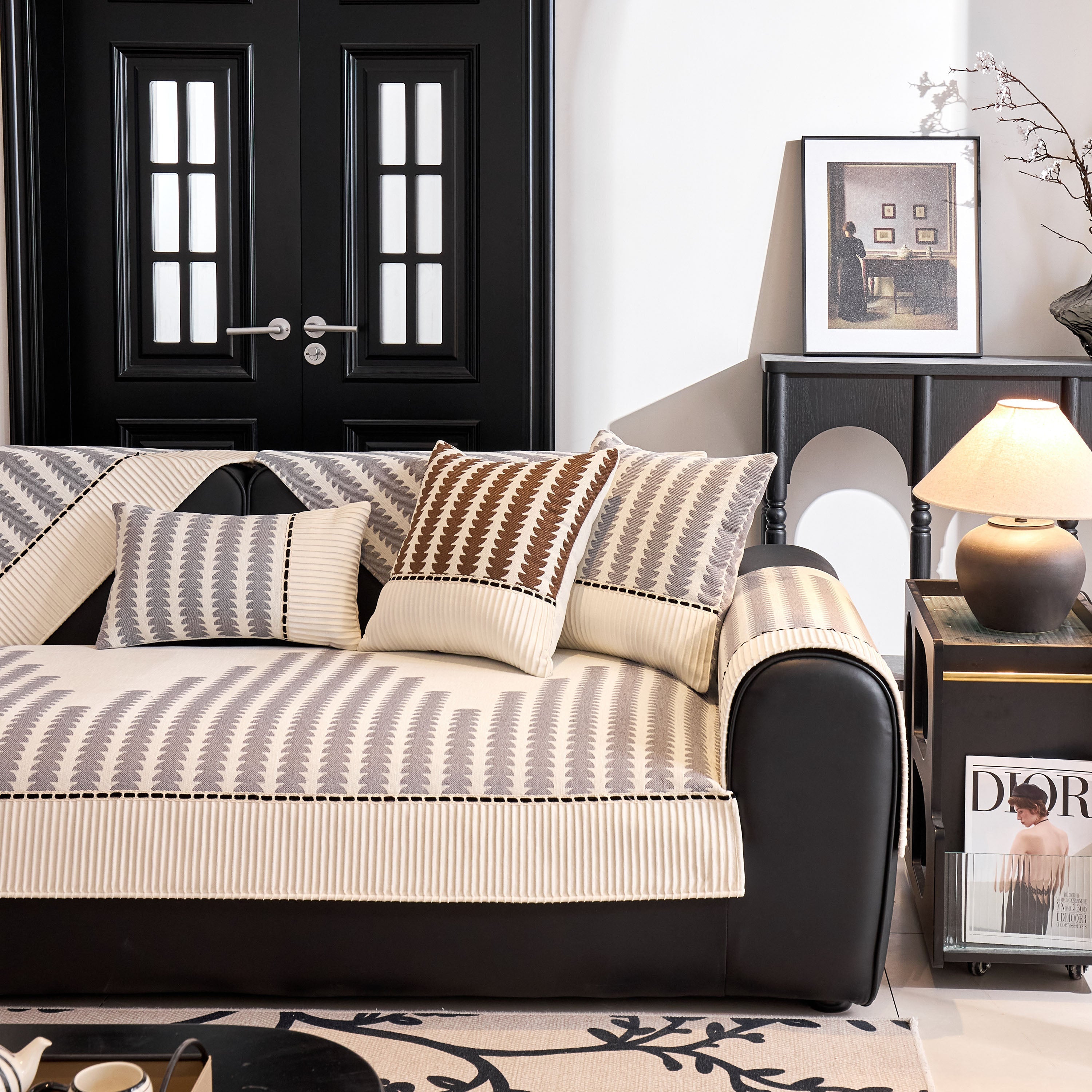 Vertical Stripes Sectional Sofa Cover Slipcover - Non-slip, Fits L-shape Couches