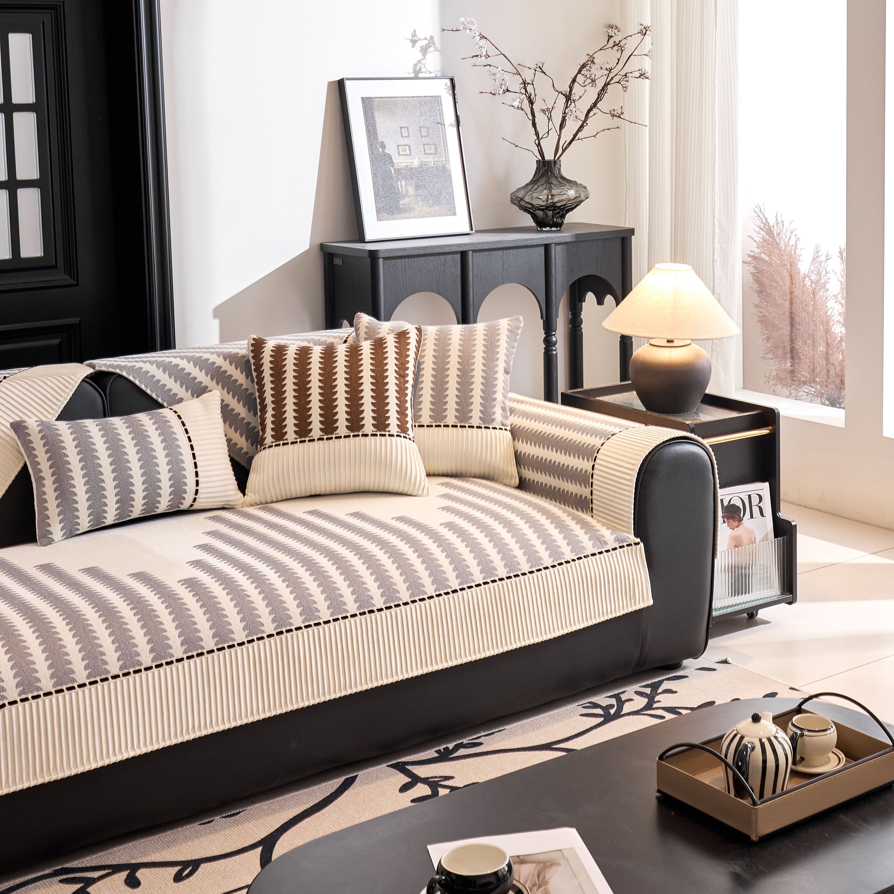 Vertical Stripes Sectional Sofa Cover Slipcover - Non-slip, Fits L-shape Couches