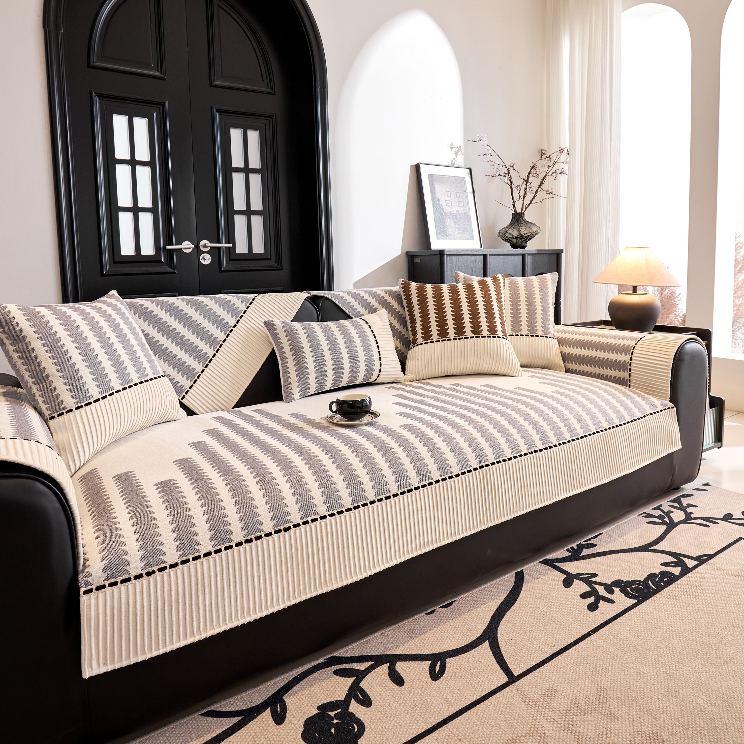 Vertical Stripes Sectional Sofa Cover Slipcover - Non-slip, Fits L-shape Couches