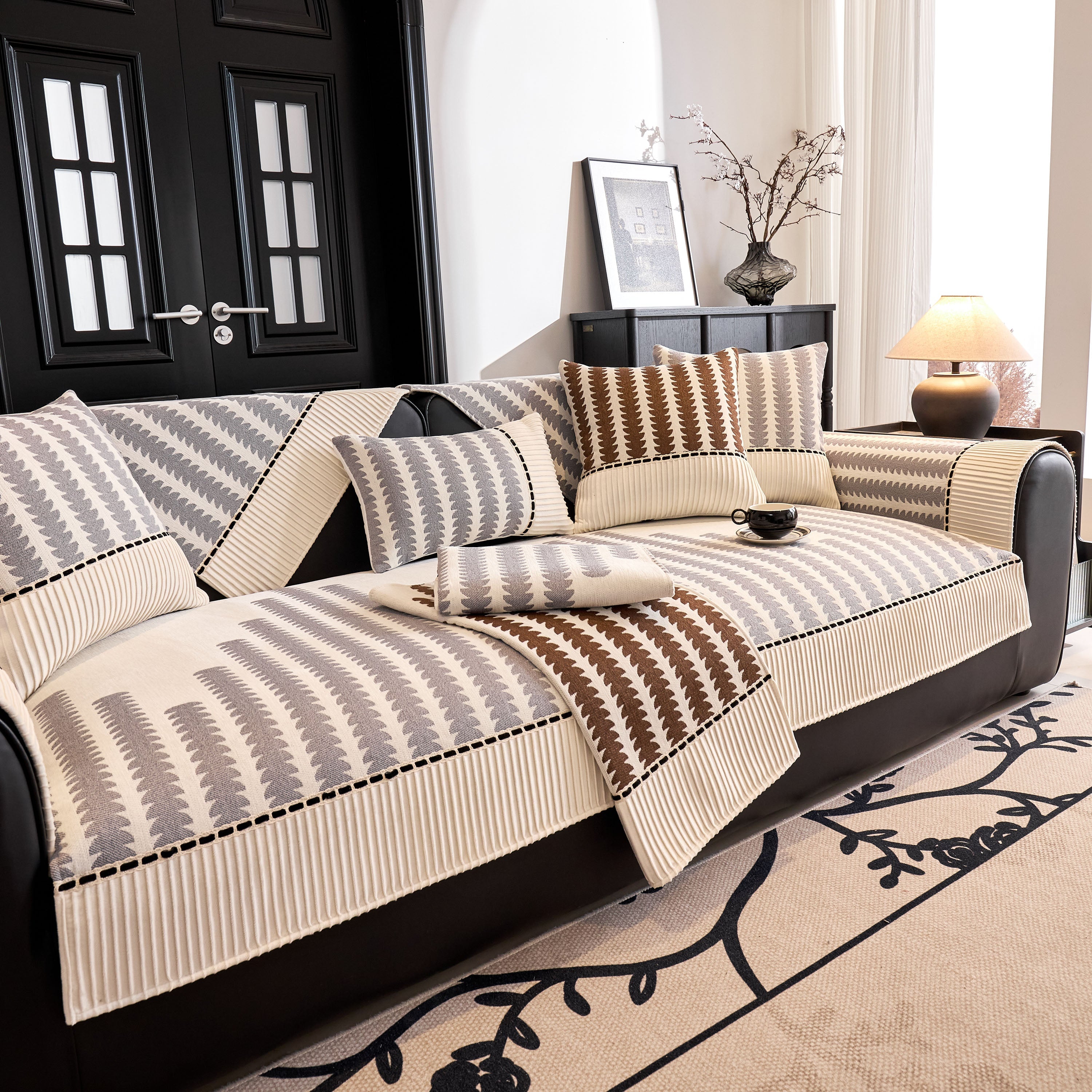 Vertical Stripes Sectional Sofa Cover Slipcover - Non-slip, Fits L-shape Couches