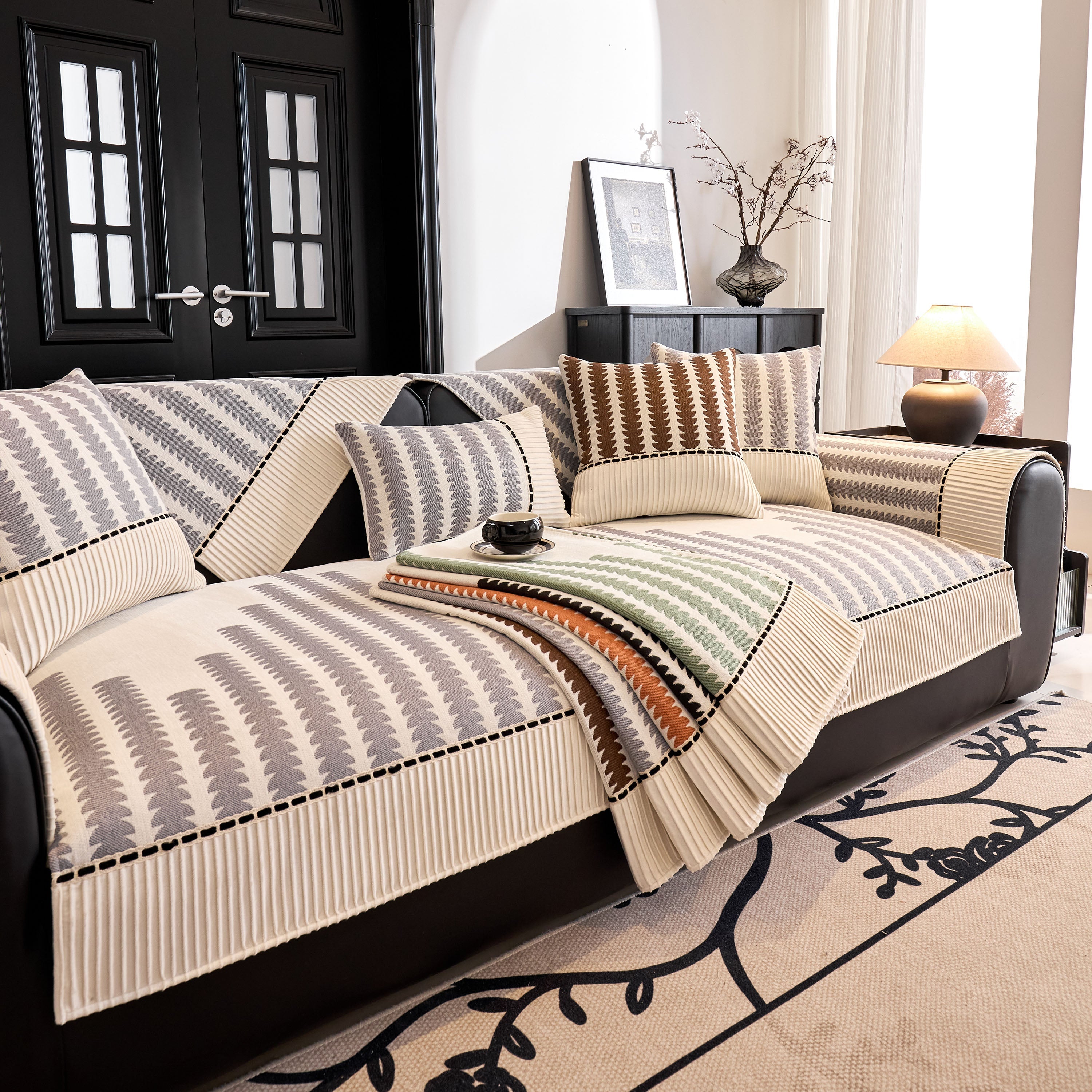 Vertical Stripes Sectional Sofa Cover Slipcover - Non-slip, Fits L-shape Couches