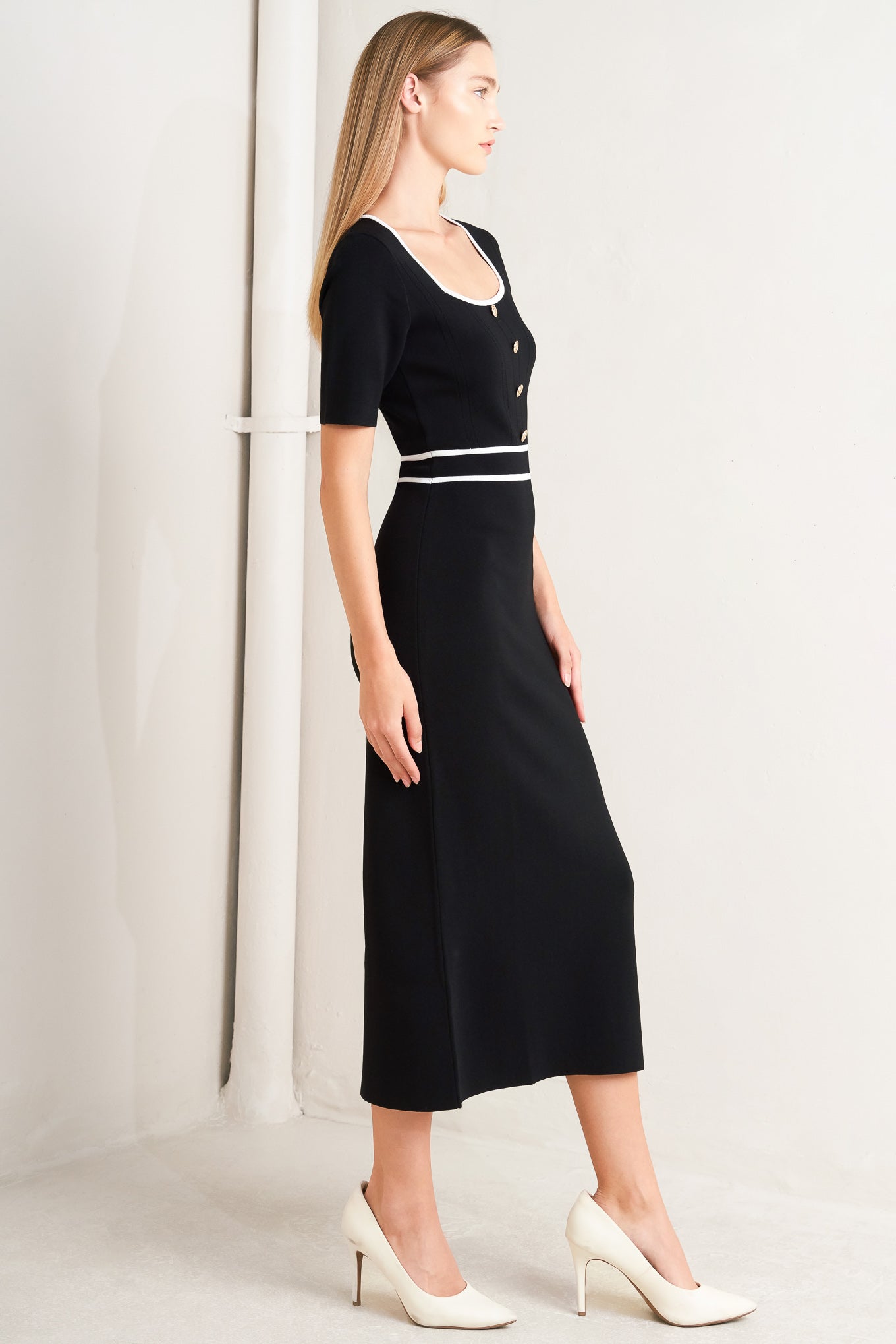 ELEGANT FRAME SWEATER KNIT MIDI DRESS l FREEMARKET BLACK/WHITE / S