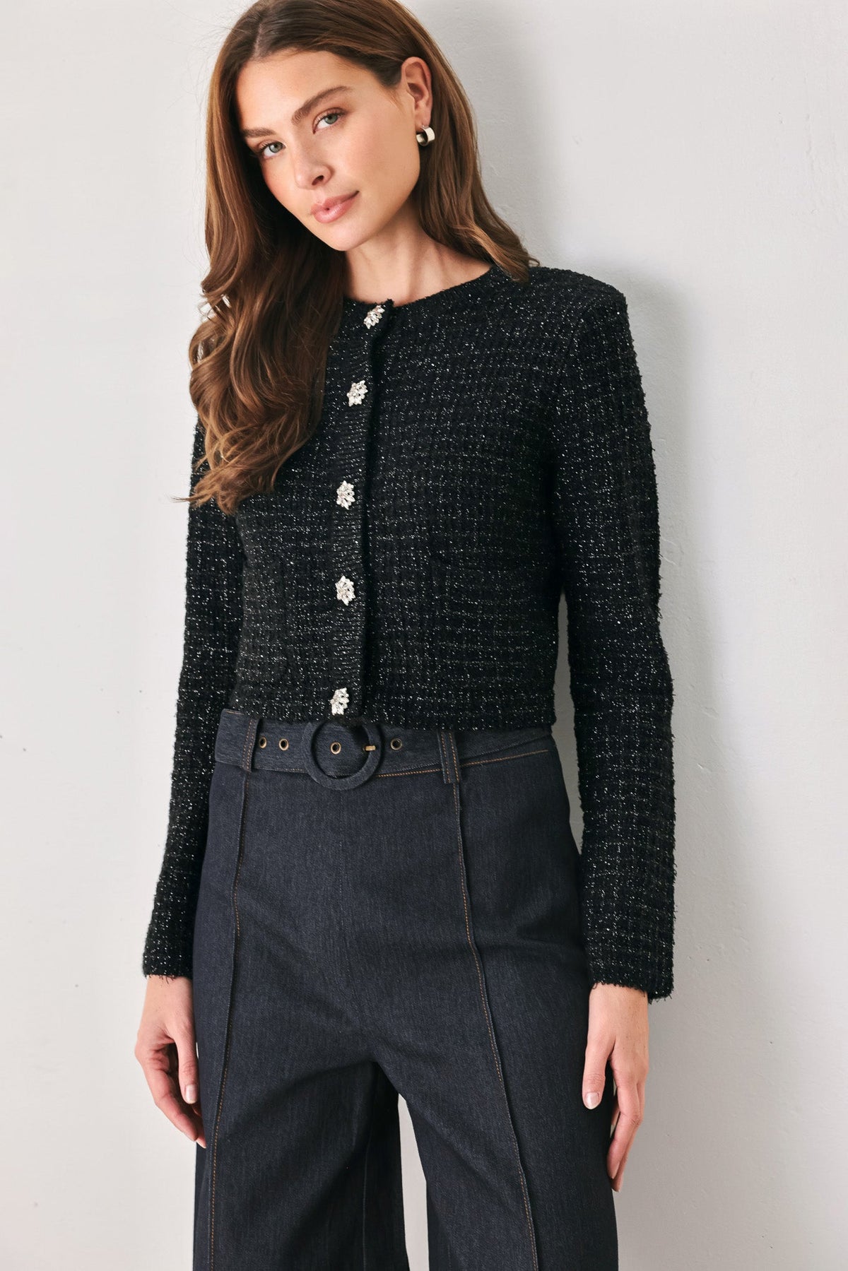 Jeweled Midnight Black Button-down Sweater Cardigan