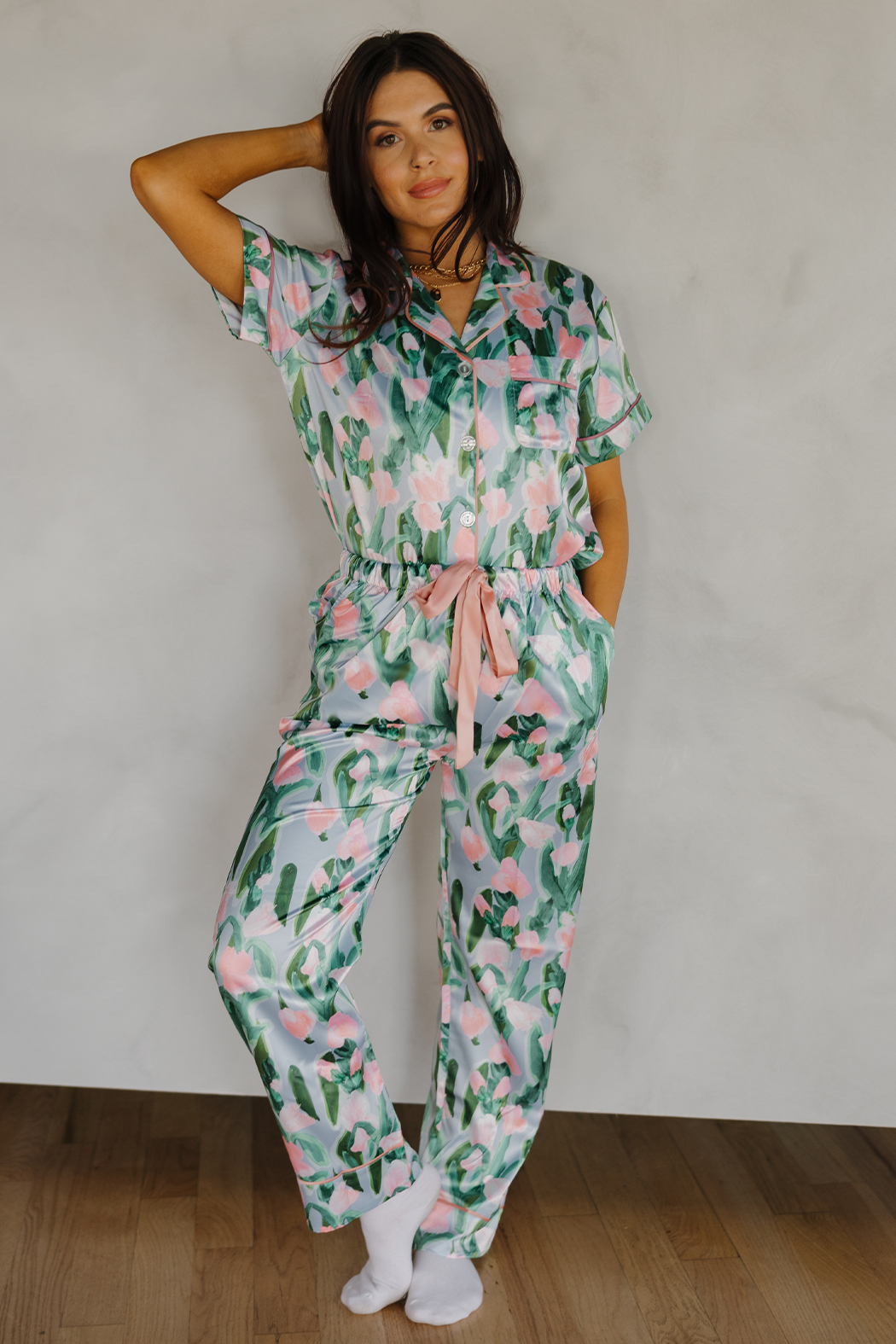 Fluid Tulips Satin Pajamas Pants Set With Ribbon Tie