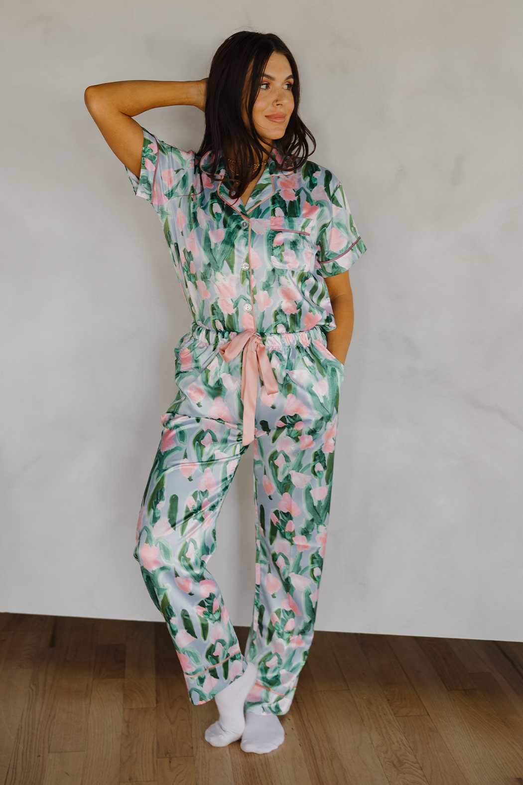 Fluid Tulips Satin Pajamas Pants Set With Ribbon Tie