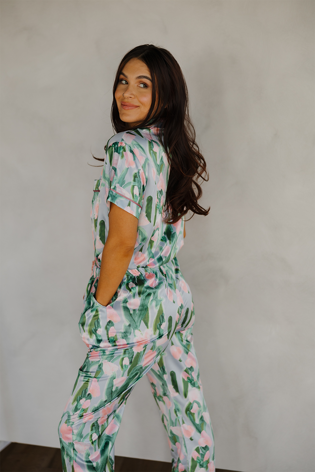 Fluid Tulips Satin Pajamas Pants Set With Ribbon Tie