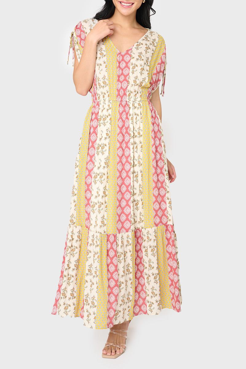 Cinch Sleeve V-neck Maxi Dress