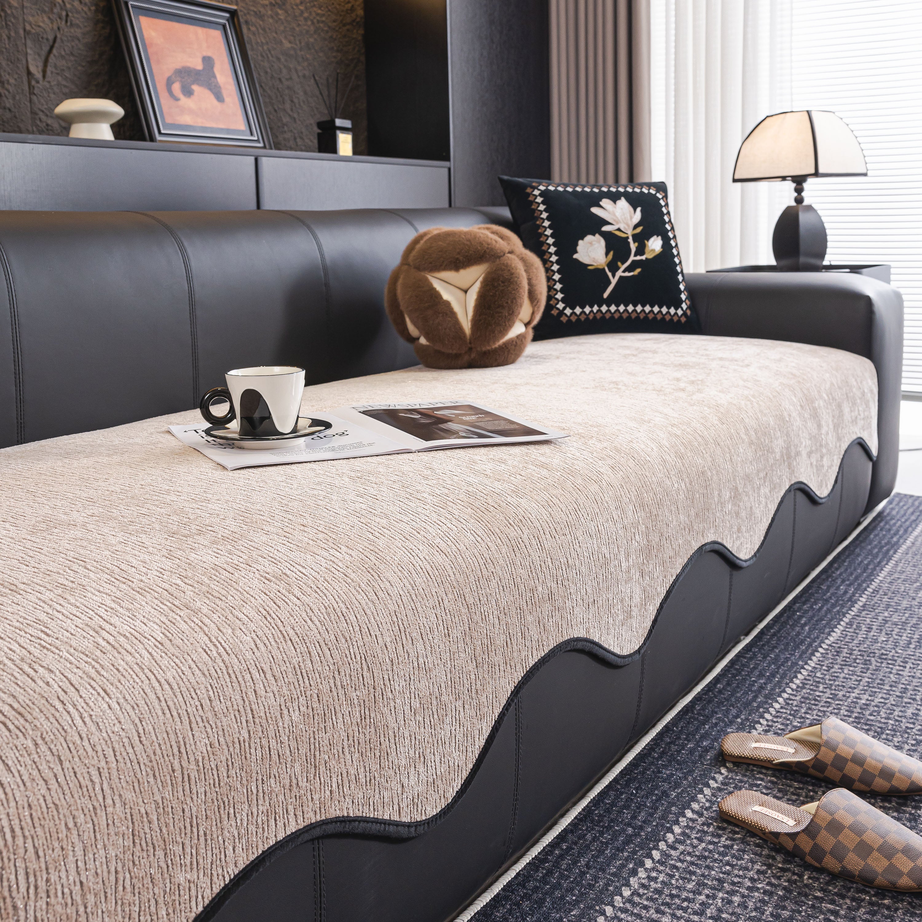 Chenille Couch Cover With Scalloped Edge, Non-slip Modular Slipcover Sectional