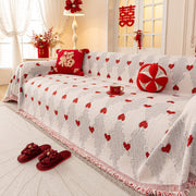 Chinese New Year Sofa Throw Cover Blanket, Decor Festive Red Fu Pattern Couch Cover